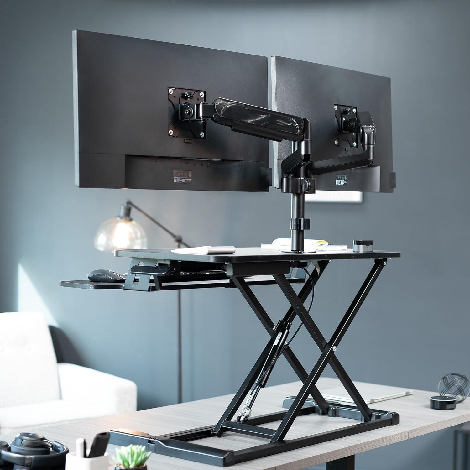 VIVO Black 32" Standing Desk Riser with Dual Monitor Arm for up to 32" Screens