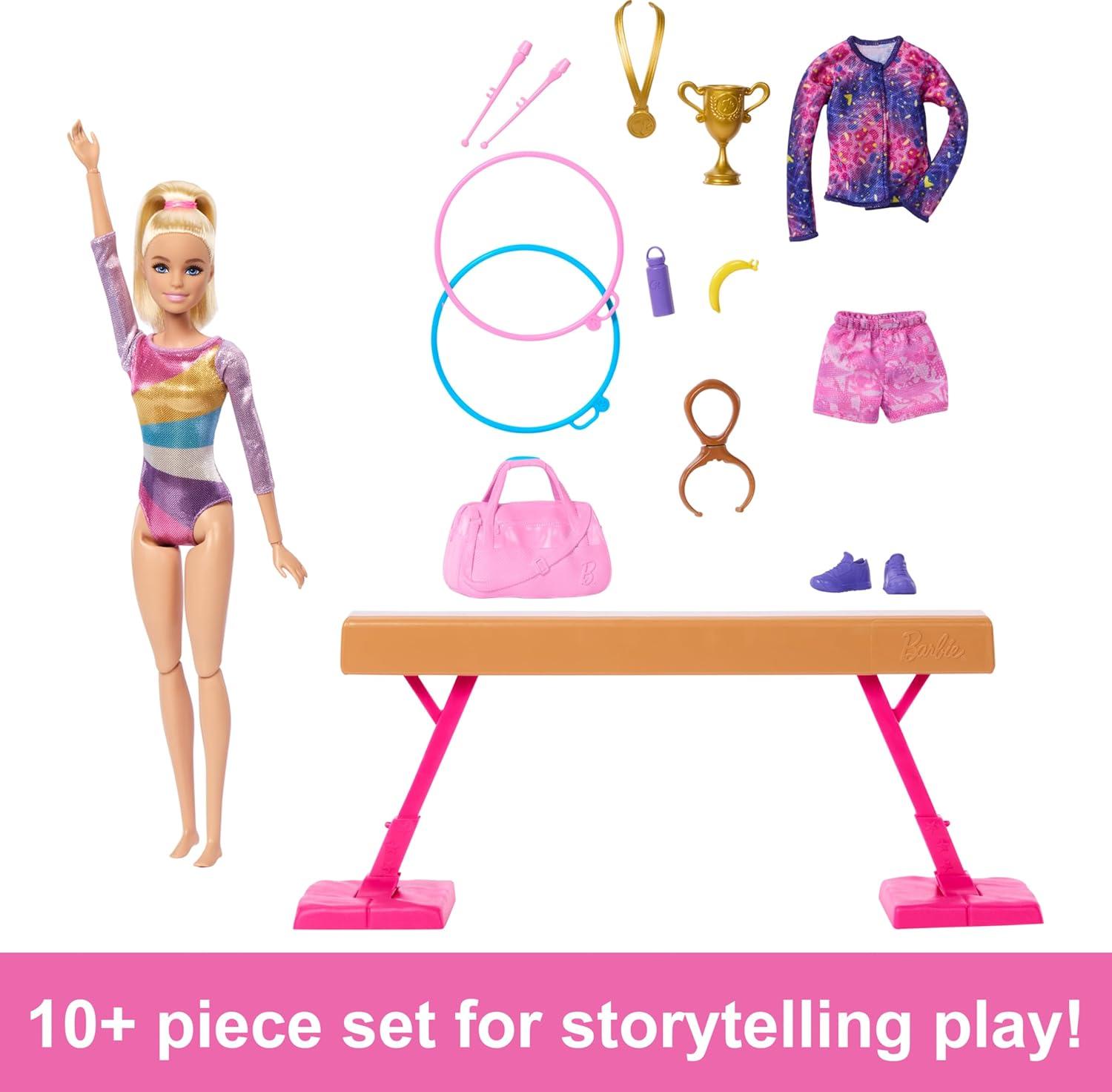 Barbie Gymnastics Playset with Blonde Fashion Doll, Balance Beam, 10+ Accessories & Flip Feature with Blonde Hair