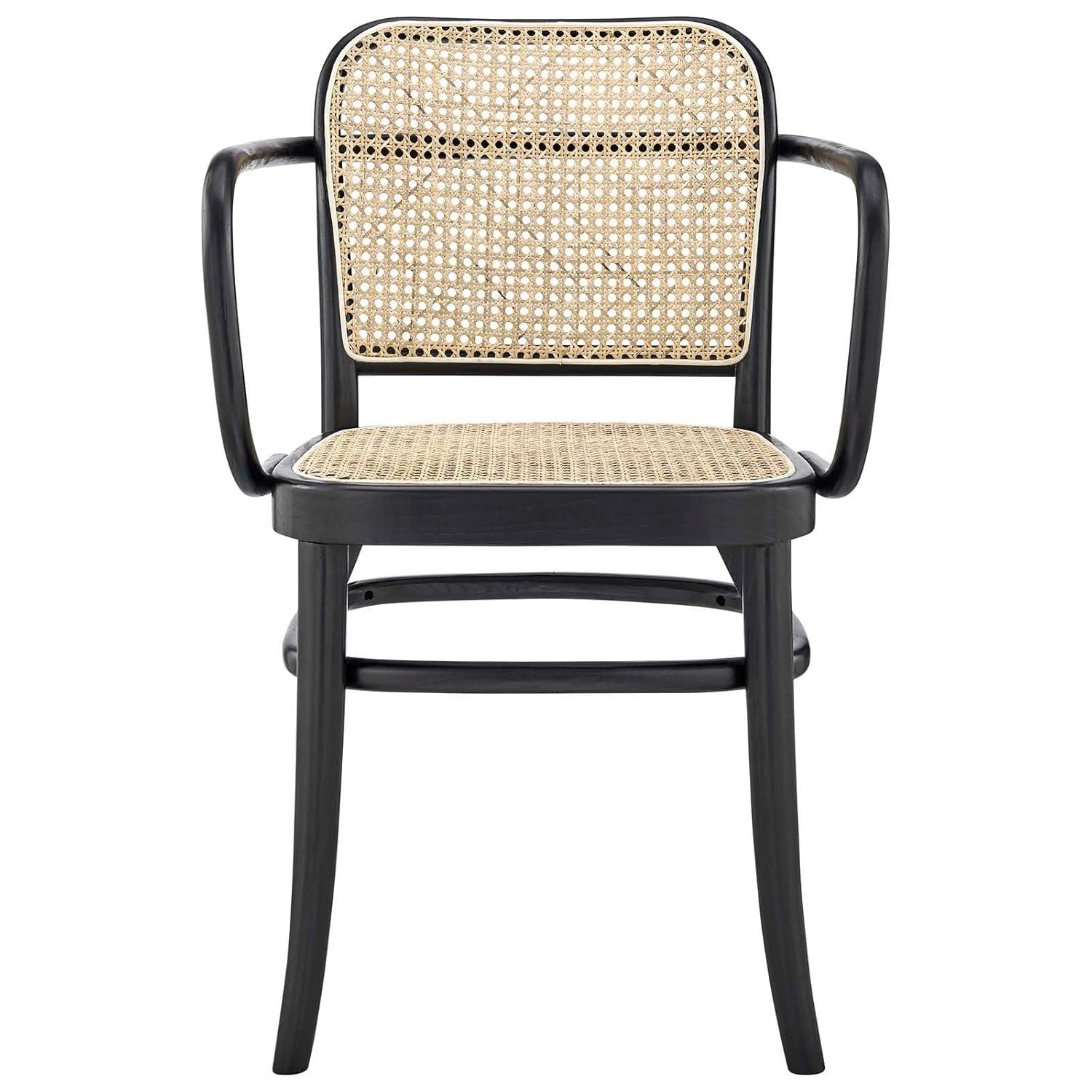 Modway Winona Elm Wood Dining Chair with Cane Rattan Seat – Black – Vintage Modern Accent Chair 21" x 22.5" x 32" with Open Back and Sculpted Frame