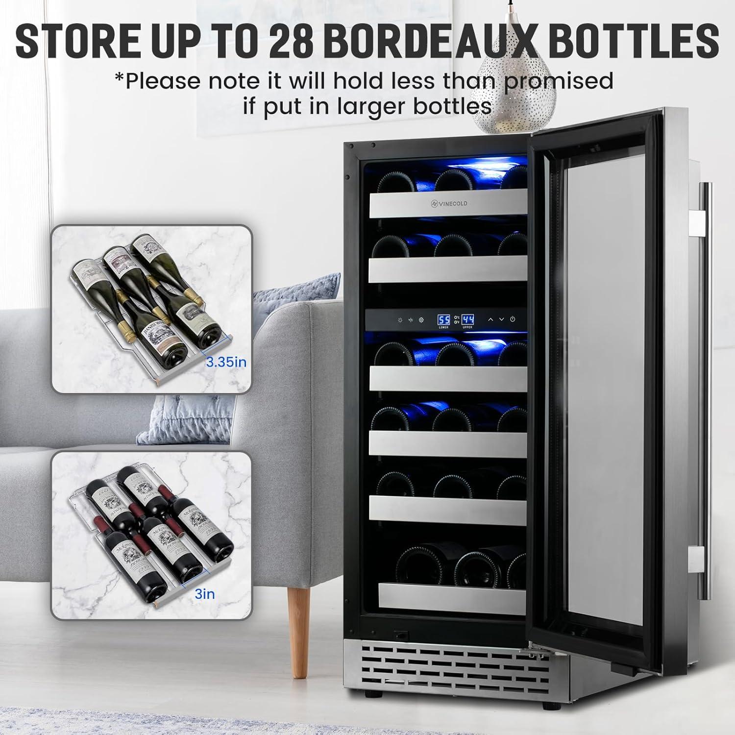 15" Wine Cooler Refrigerator Dual Zone 28 Bottle Capacity, Seamless Reversible Doors, Shelves Stainless Steel Edged, Built-in or Freestanding Wine Fright for Home and Kitchen