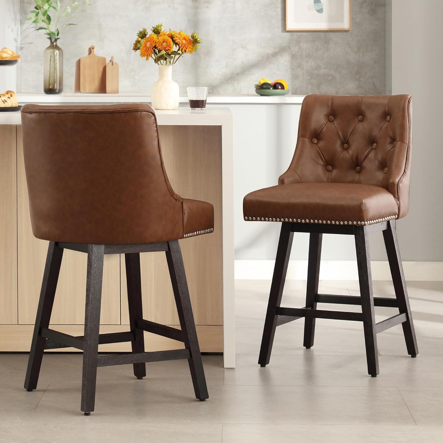 Counter Bar Stools Set of 2, Modern Swivel Bar Stools with Back and Wood Legs, 26" H Upholstered Bar Chair for Kitchen Island Home Bar, Leather Brown