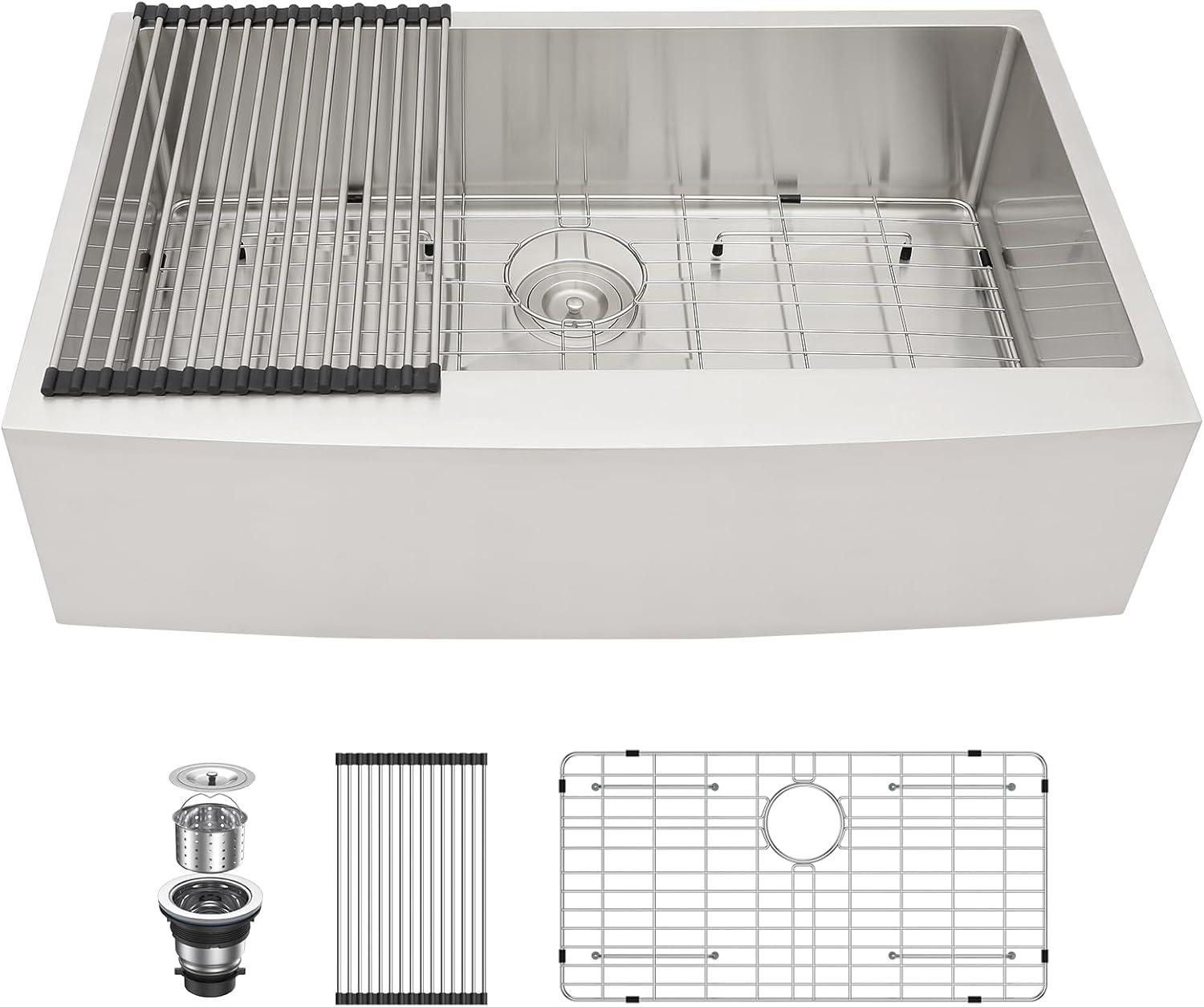 36-Inch Brushed Stainless Steel Farmhouse Apron-Front Single Bowl Kitchen Sink