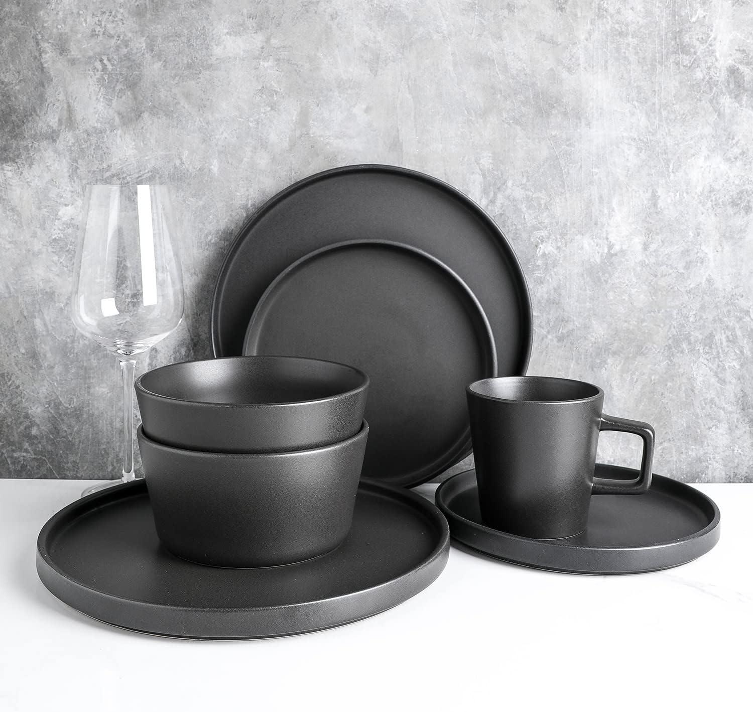 Black Matte Ceramic Round Dinnerware Set, Service for 8