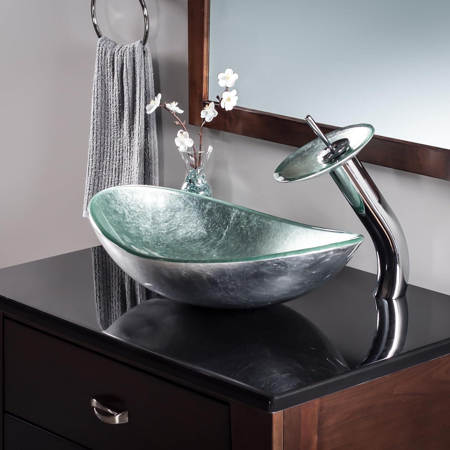 Novatto Argento Oval Glass Vessel Bathroom Sink Set, Chrome