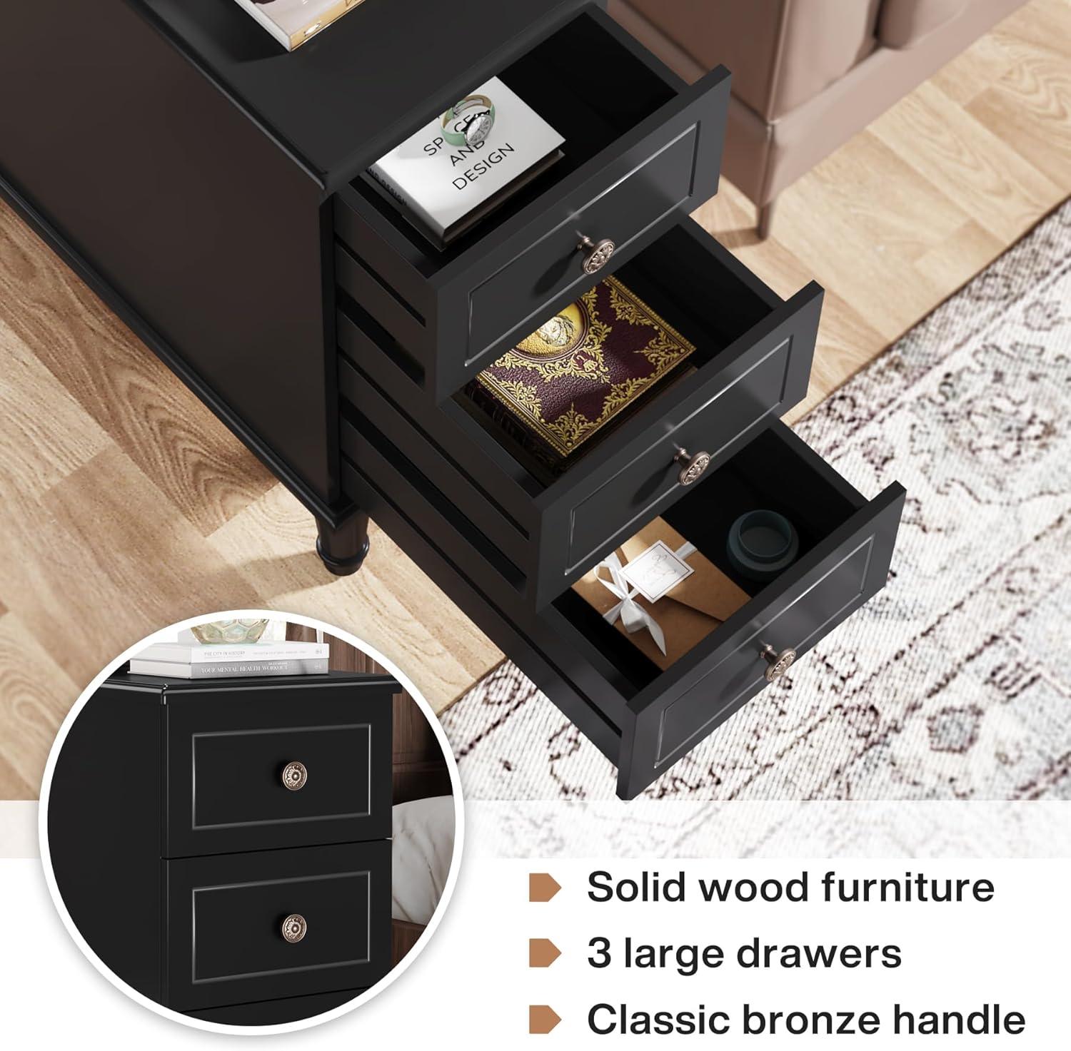 Tribesigns Solid Wood End Table with 3 Drawers