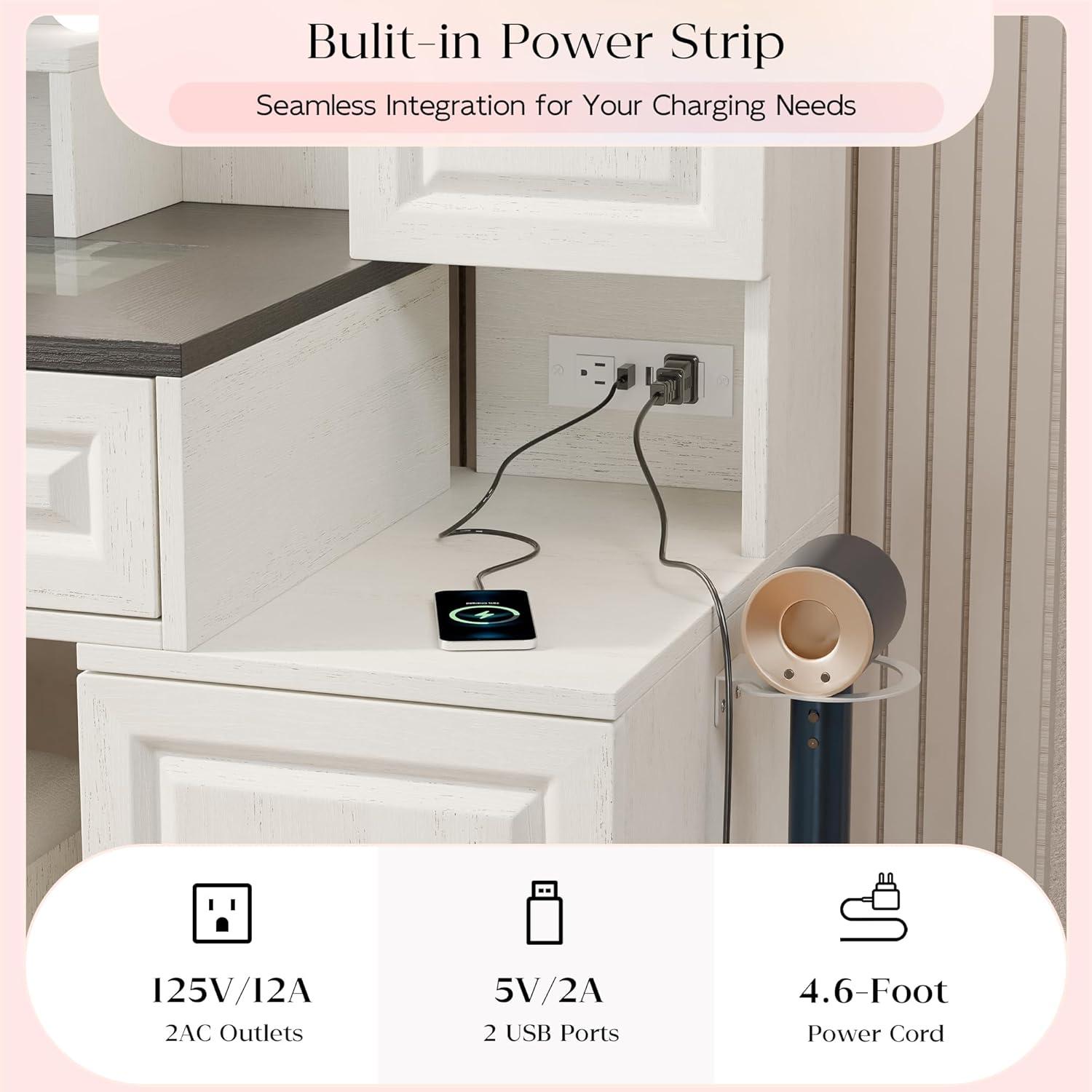 Hommpa Vanity Set with Mirror, Girls Makeup Vanity with  LED Lights, White Vanity Desk with Drawers, Vanity Table with Charging Station for Women Bedroom Storage