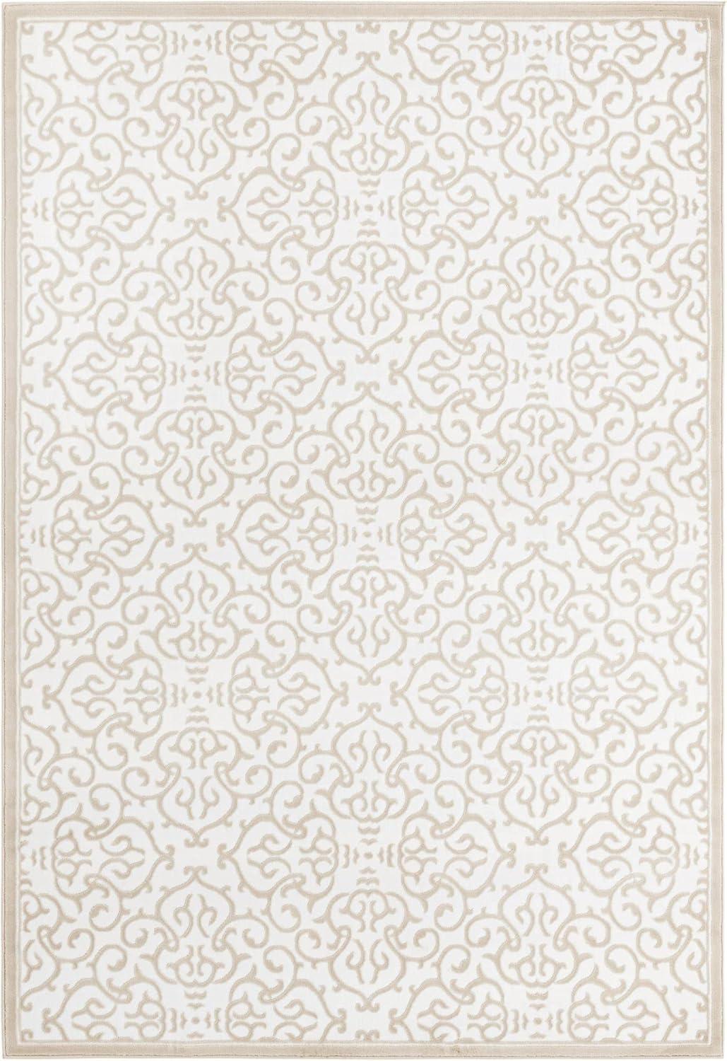 Snow White and Beige 6' x 9' Stain-Resistant Synthetic Area Rug