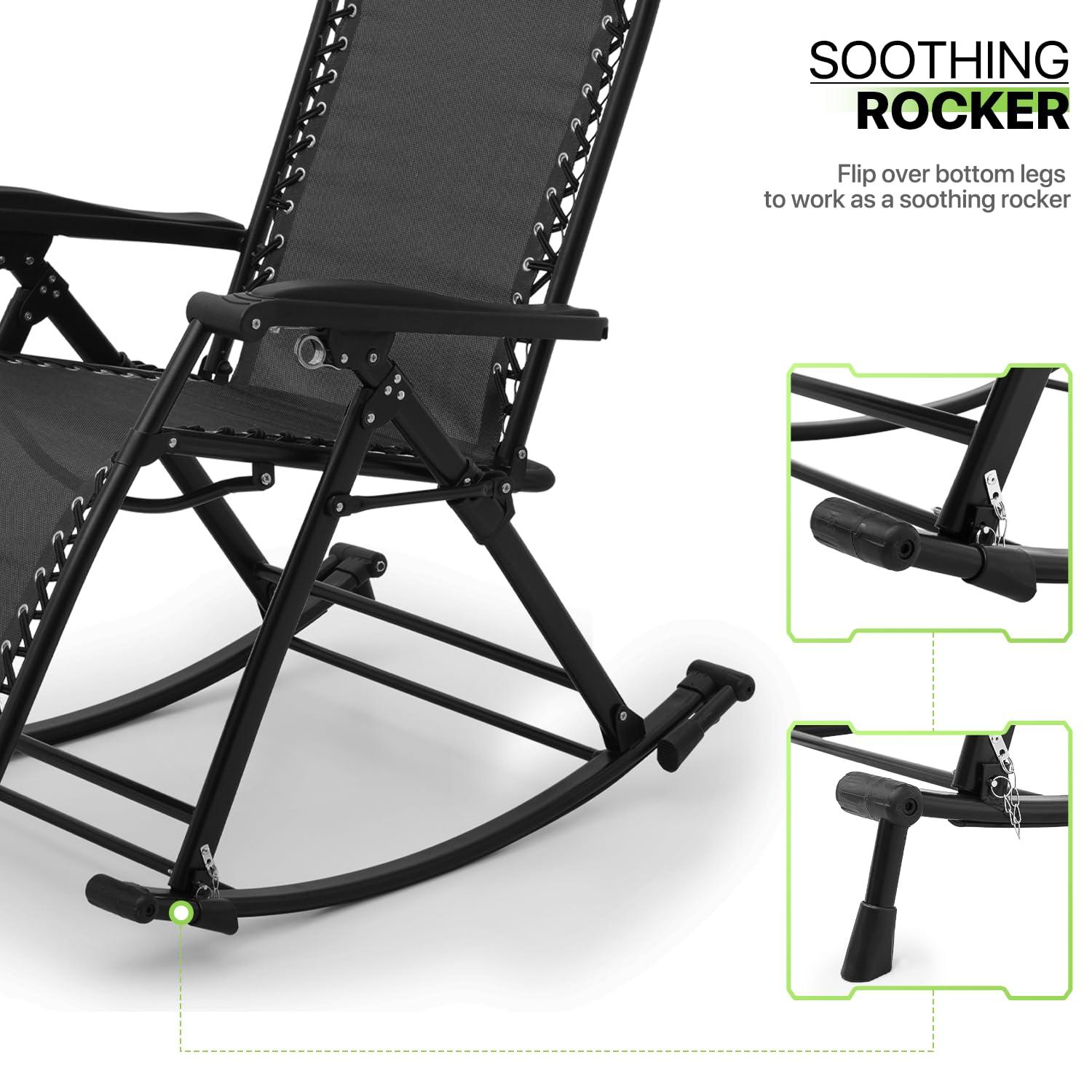 Magshion Set of 2 Zero Gravity Lounge Chairs, Adjustable Rocking Chairs with Pillow, Outdoor Beach Portable Foldable Recliner, Folding Lounge Rocker, Black