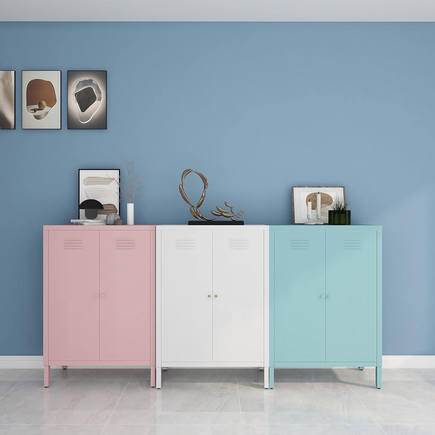 Pink Metal Freestanding Storage Cabinet with Adjustable Shelves