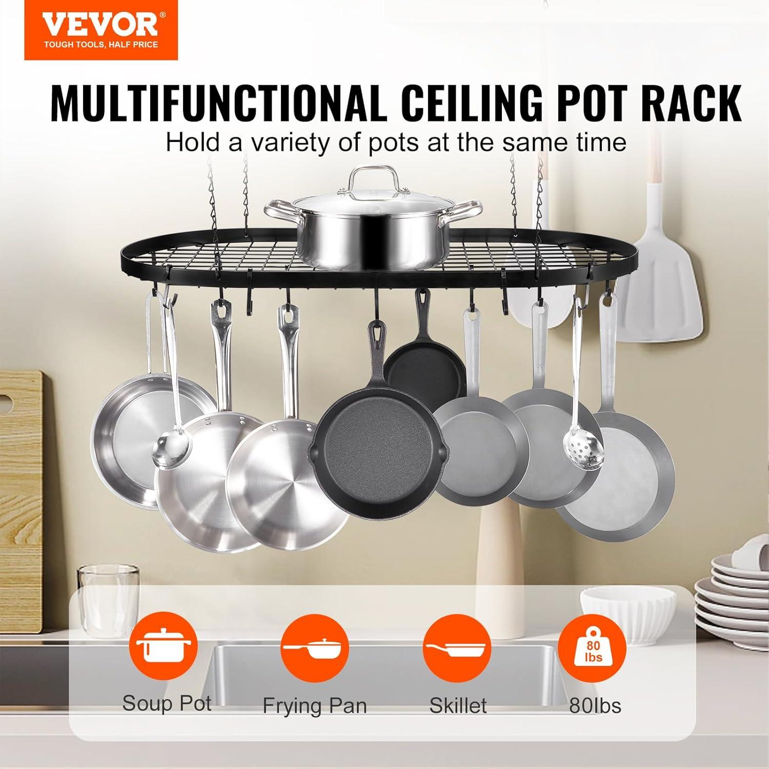 32 in. Hanging Pot Rack Hanging Pot Rack Ceiling Mount Loading Weight Ceiling Pot Rack with 12-S Hooks - 80 lbs