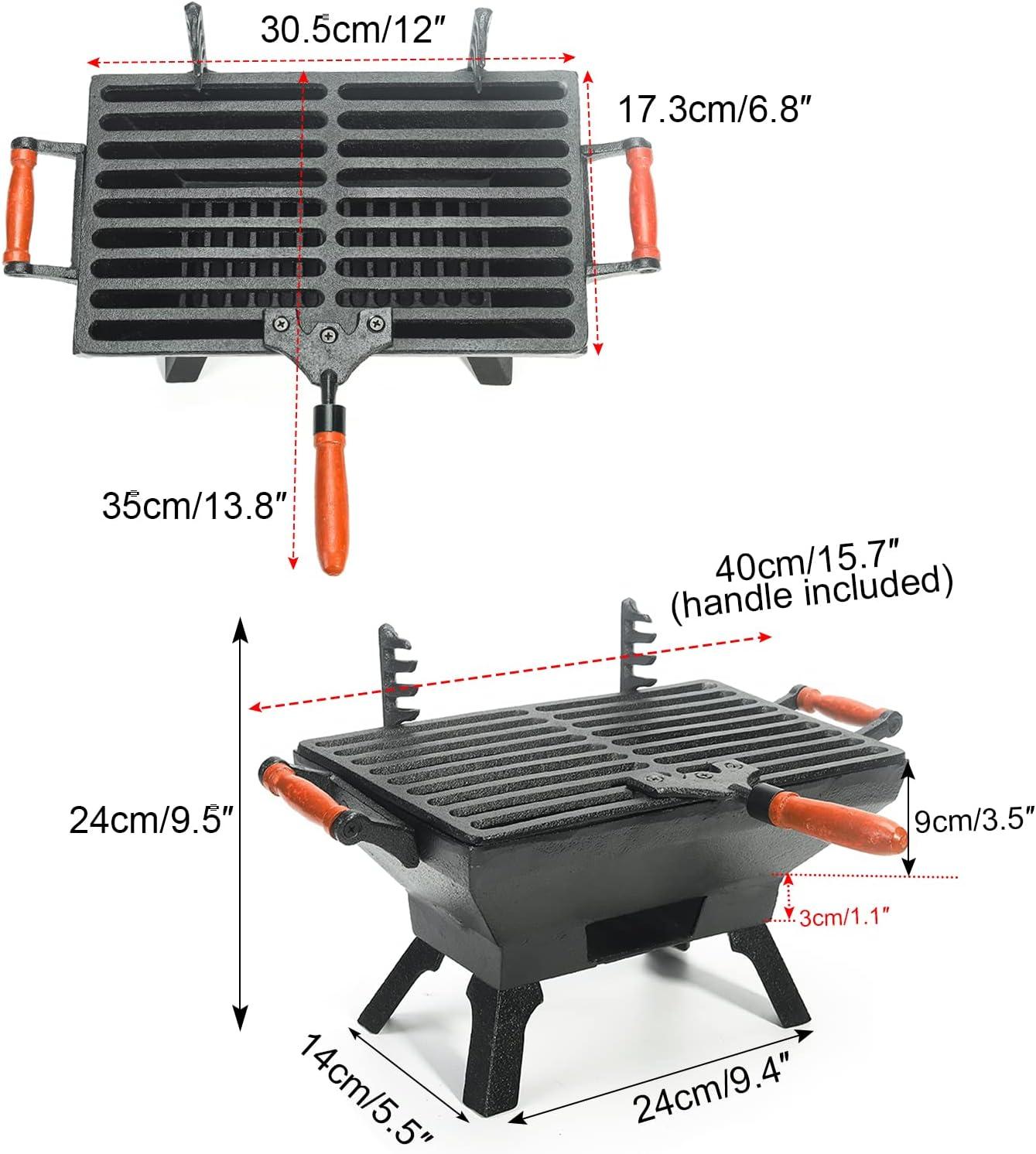 Small Black Cast Iron Portable Hibachi Grill with Red Handles