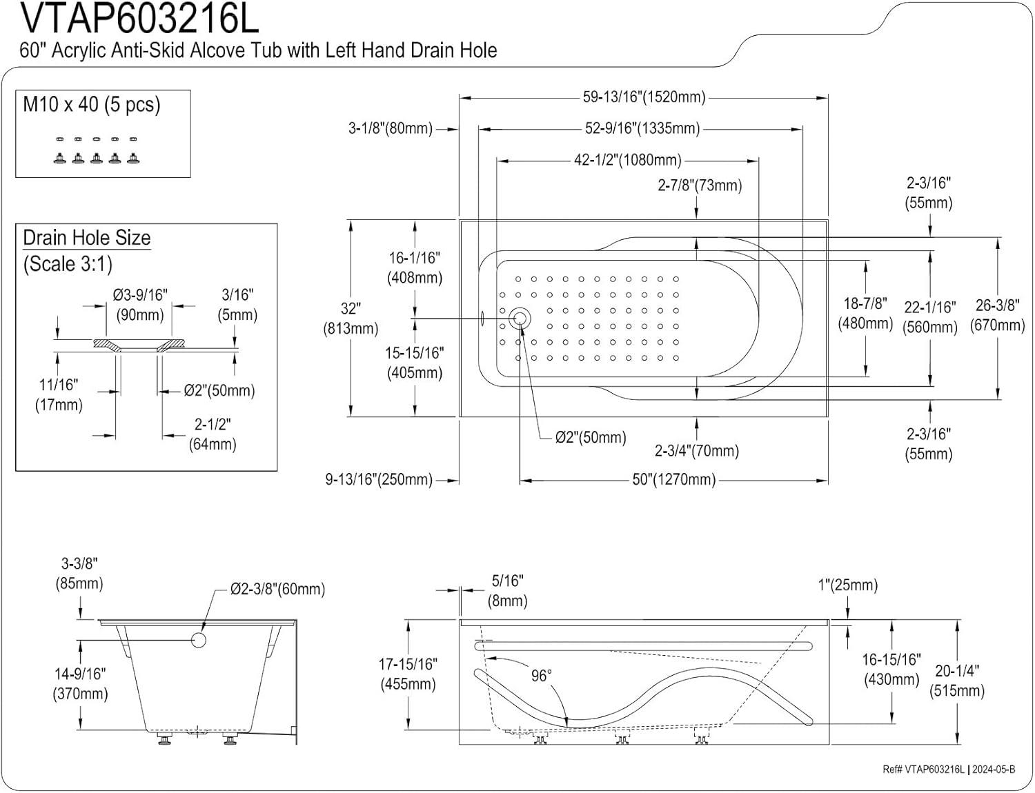 Kingston Brass Aqua Eden 60-Inch Acrylic Rectangular 3-Wall Alcove Tub with Anti Skid and Drain Hole