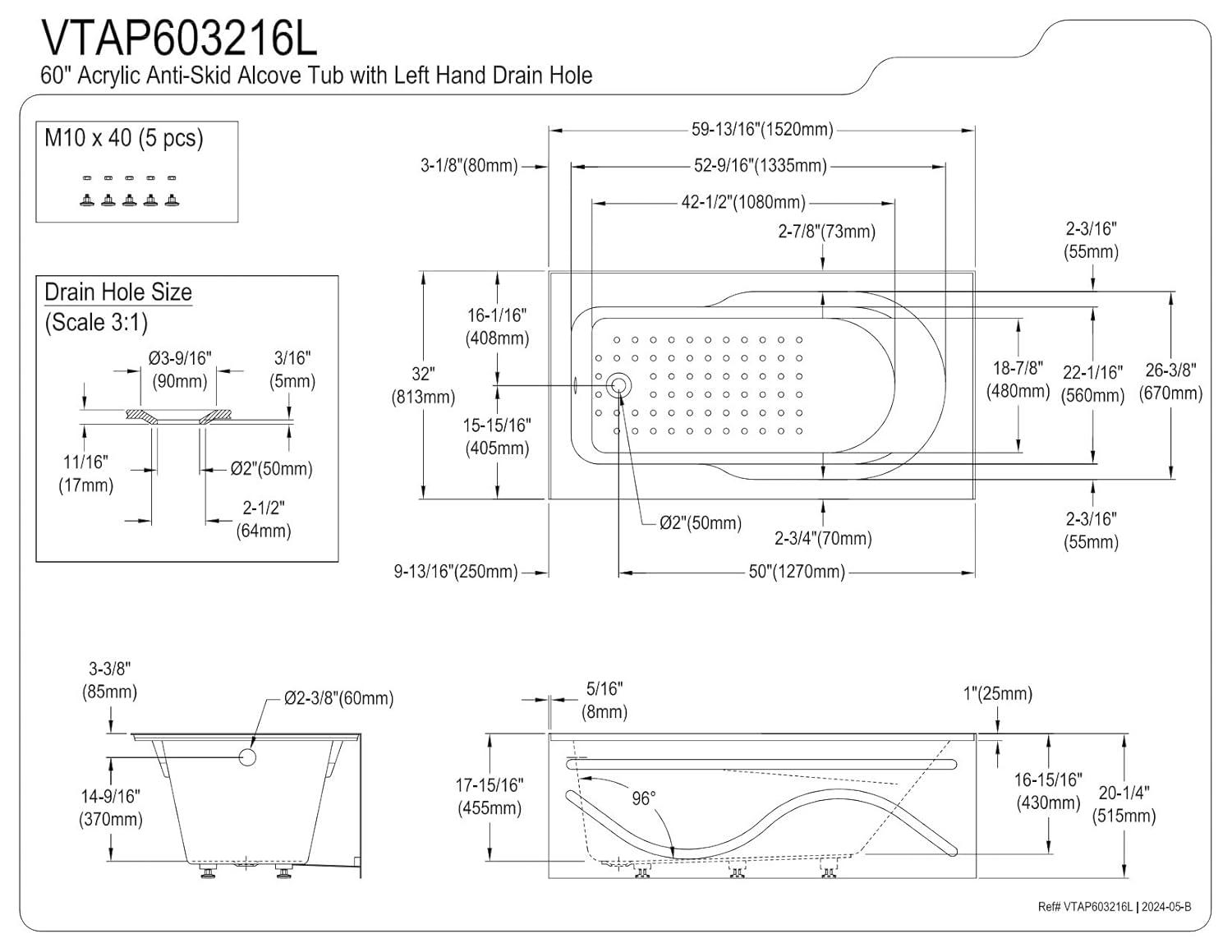 Kingston Brass Aqua Eden 60-Inch Acrylic Rectangular 3-Wall Alcove Tub with Anti Skid and Drain Hole