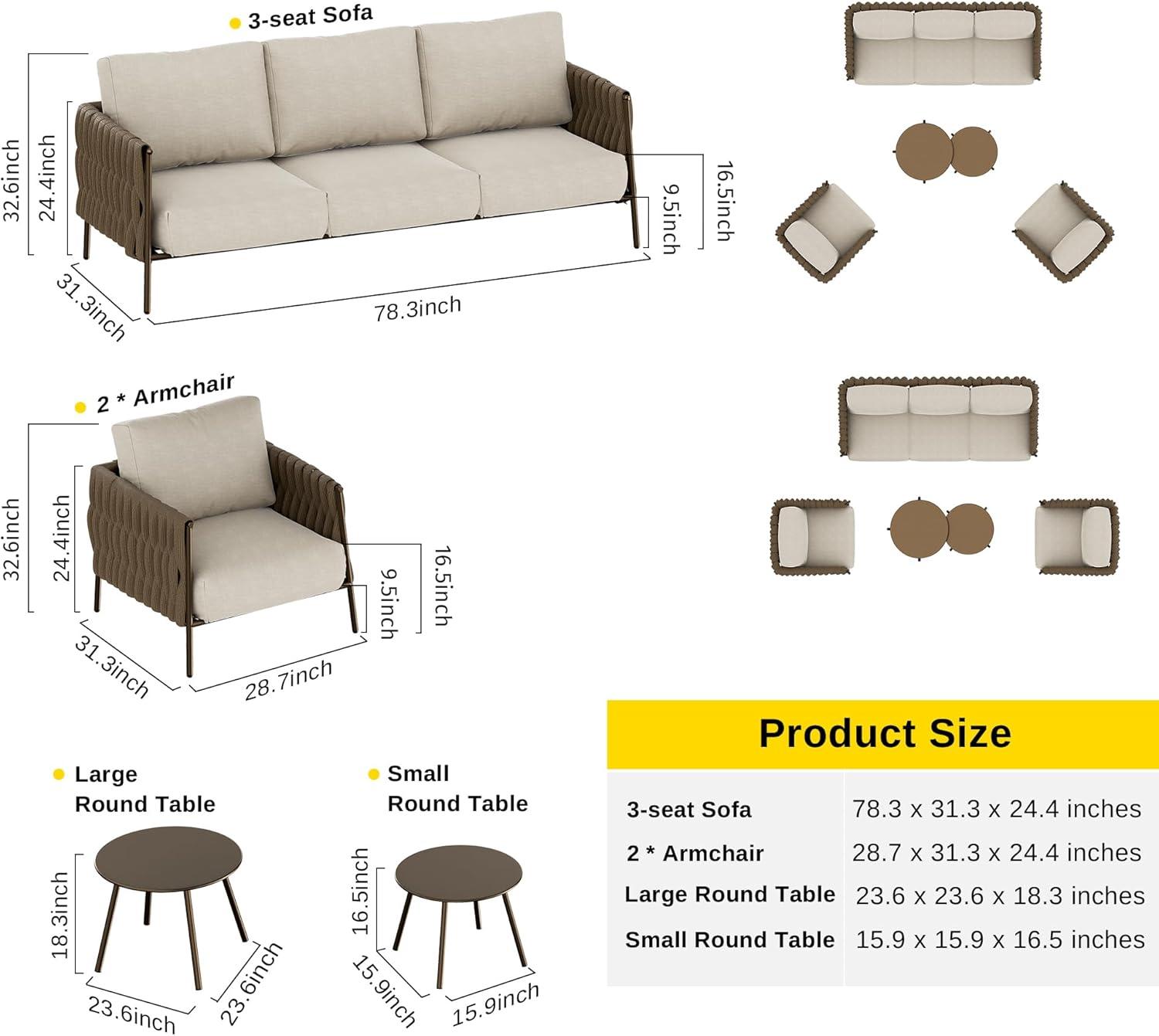 EAST OAK Patio Furniture Set 5 Pieces Sofa with Two Round Coffee Table  and Waterproof Thick Cushion Deep Seating
