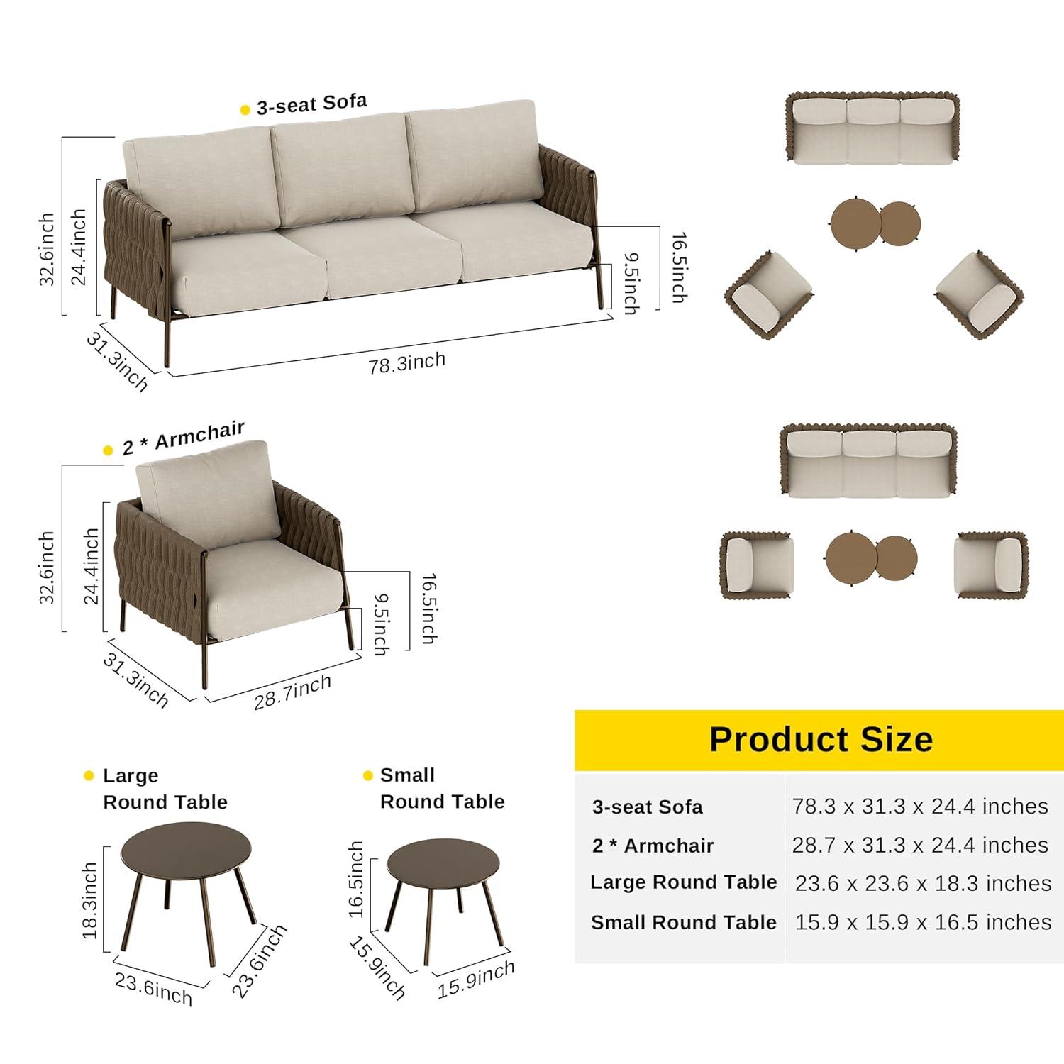 EAST OAK Patio Furniture Set 5 Pieces Sofa with Two Round Coffee Table  and Waterproof Thick Cushion Deep Seating