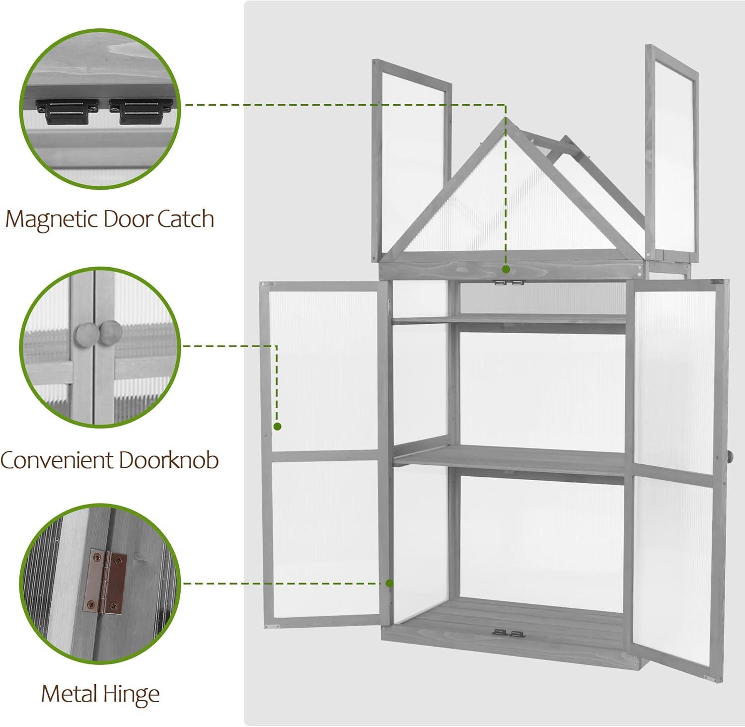 Gray Fir Wood Garden Greenhouse with Adjustable Shelf