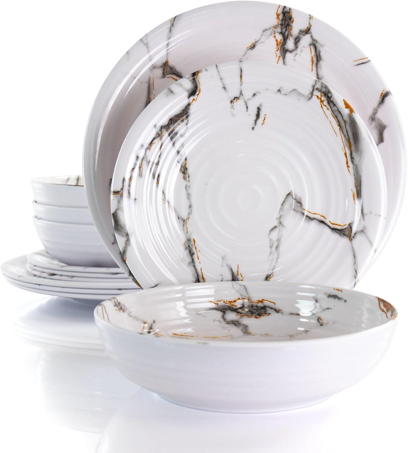 12 Piece White Marble Melamine Dinnerware Set for 4