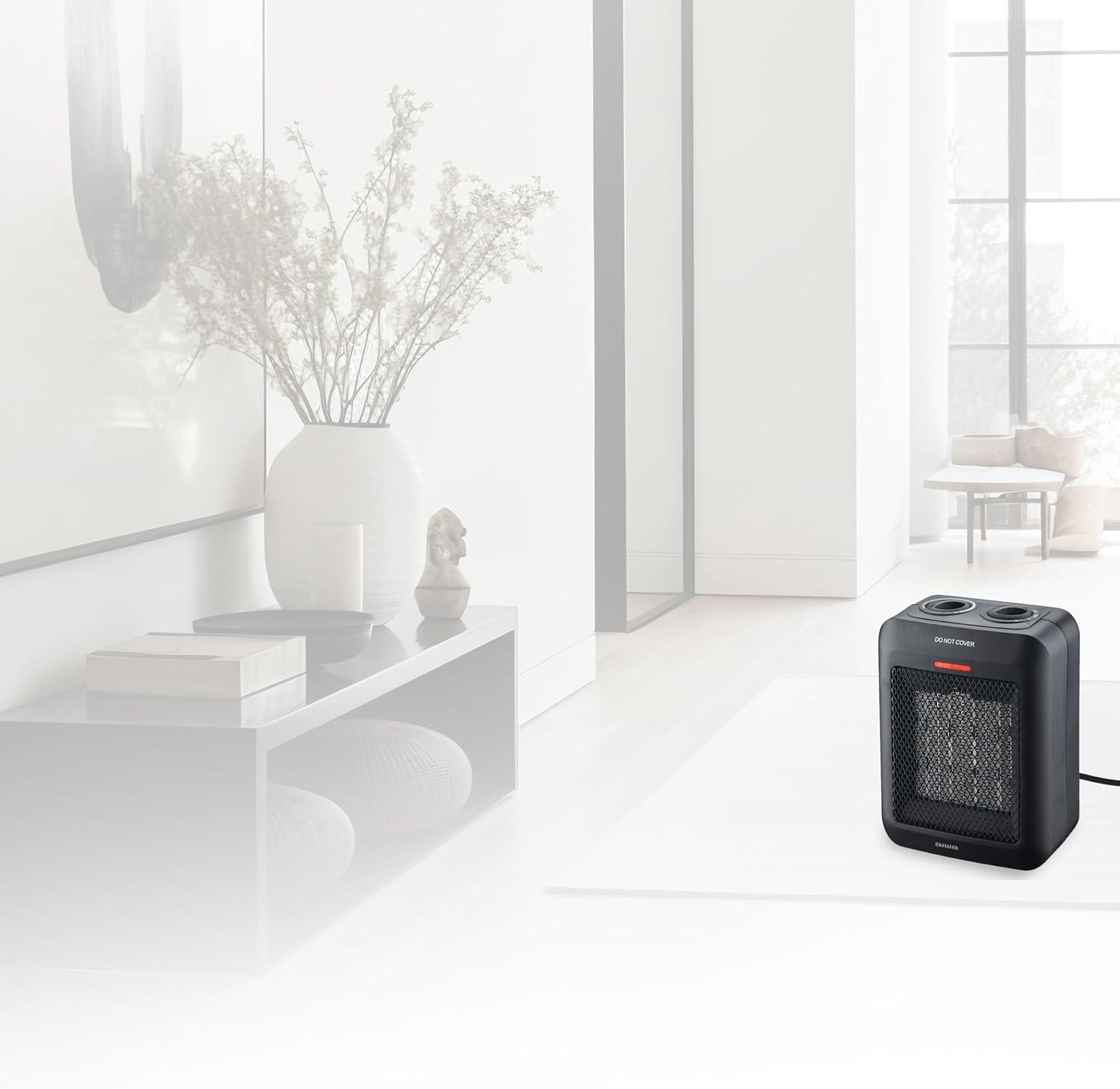 Aiwa 1500W Small Ceramic Room Heater, Overheat Protection, Tip over Auto Shutoff - Black