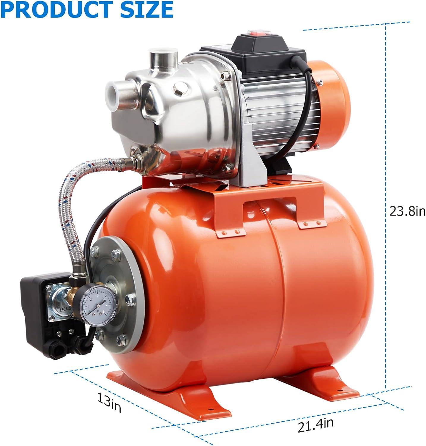 1HP Stainless Steel Shallow Well Pump with Orange Pressure Tank