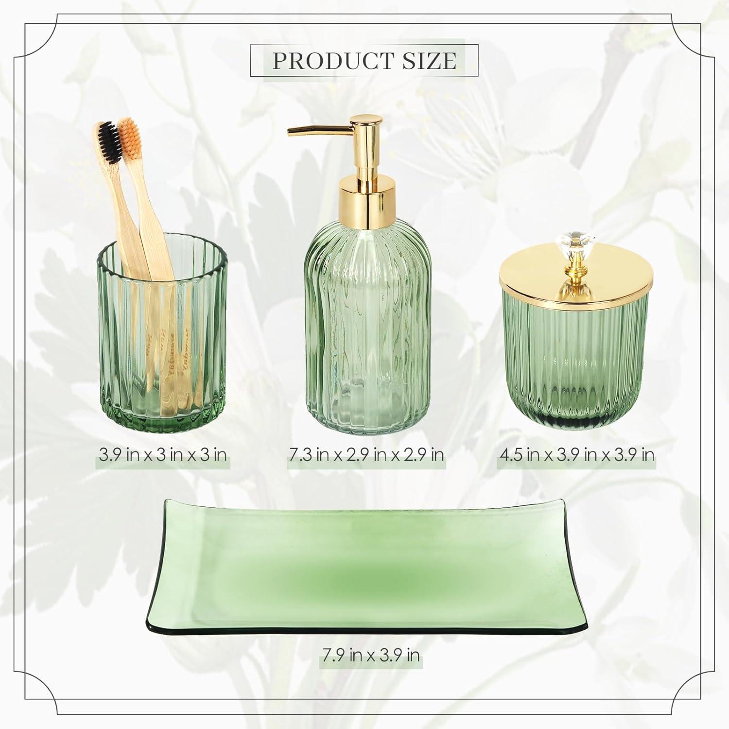 Green Glass Bathroom Accessories Set with Gold Accents, 4 Pieces