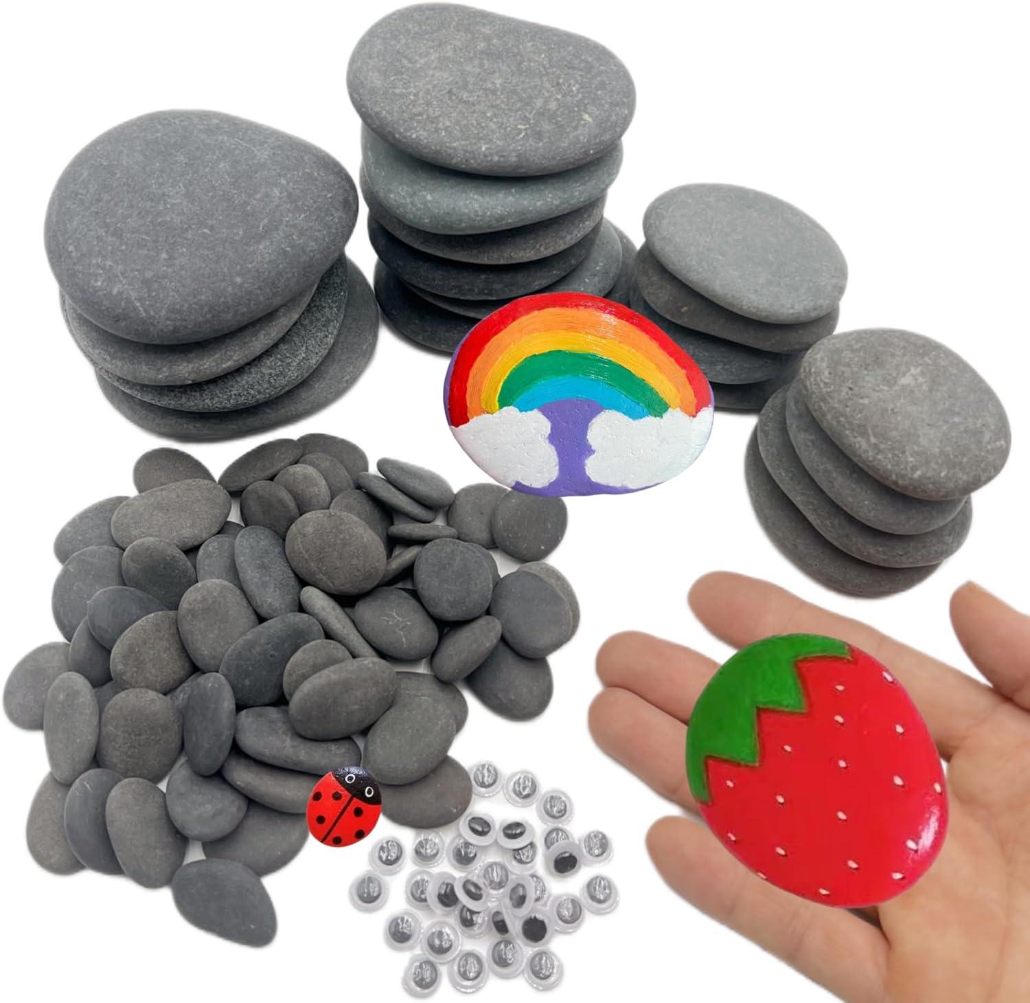 CYLHCM 120 PCS Rocks for Painting, Medium/Small/Tiny Rocks for Painting, Flat DIY Painting Rocks with 30PCS Wiggle Googly Eyes, Smooth Kindness Rocks for Crafts, Arts,Decoration,Hand Picked Stones