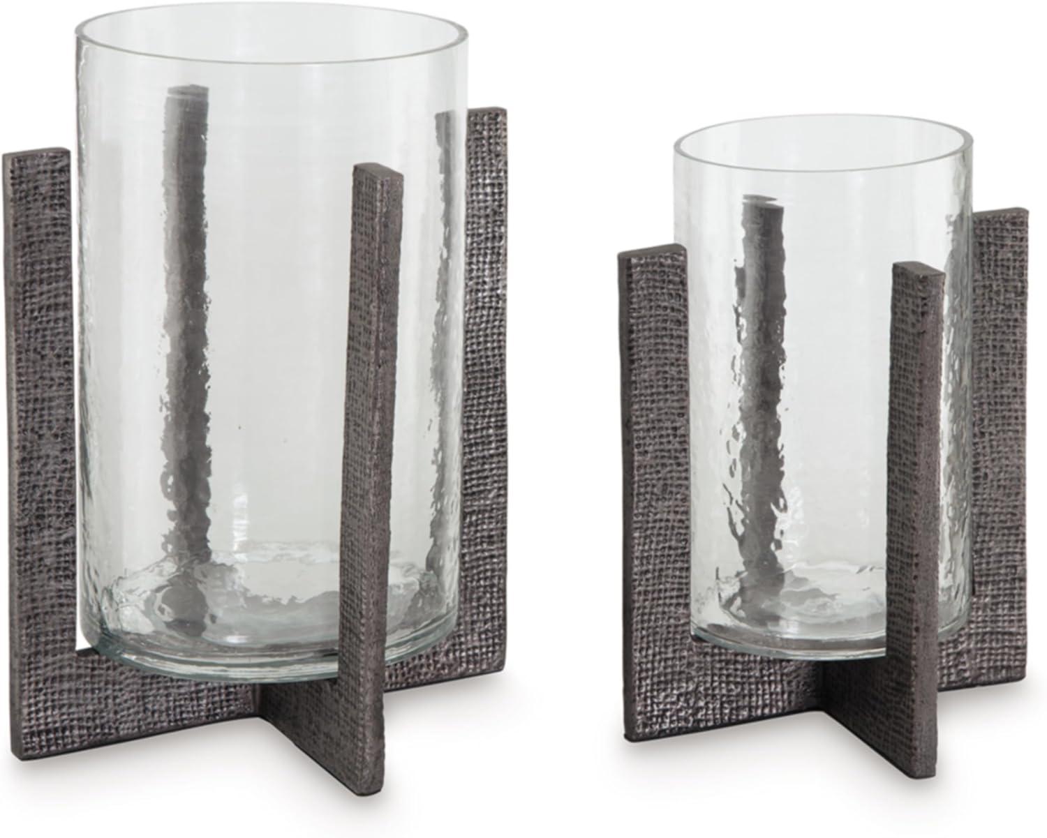 Signature Design by Ashley Casual Garekton Candle Holder (Set of 2)  Clear/Pewter Finish