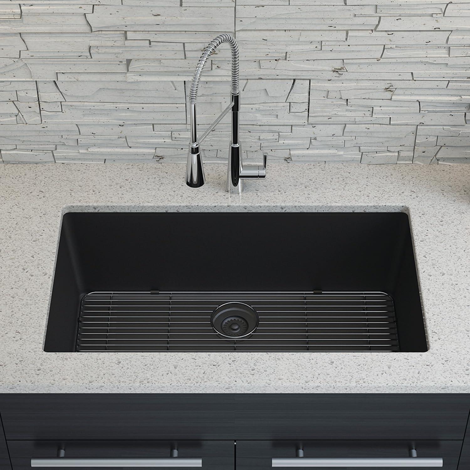 Lexicon LP-1000-K 32" x 19" Quartz Kitchen Sink, Single Bowl Sink, Drop-in Sink, Undermount Sink, Granite Kitchen Sink, with Steel Grids and Basket Strainer, Disposal Flange