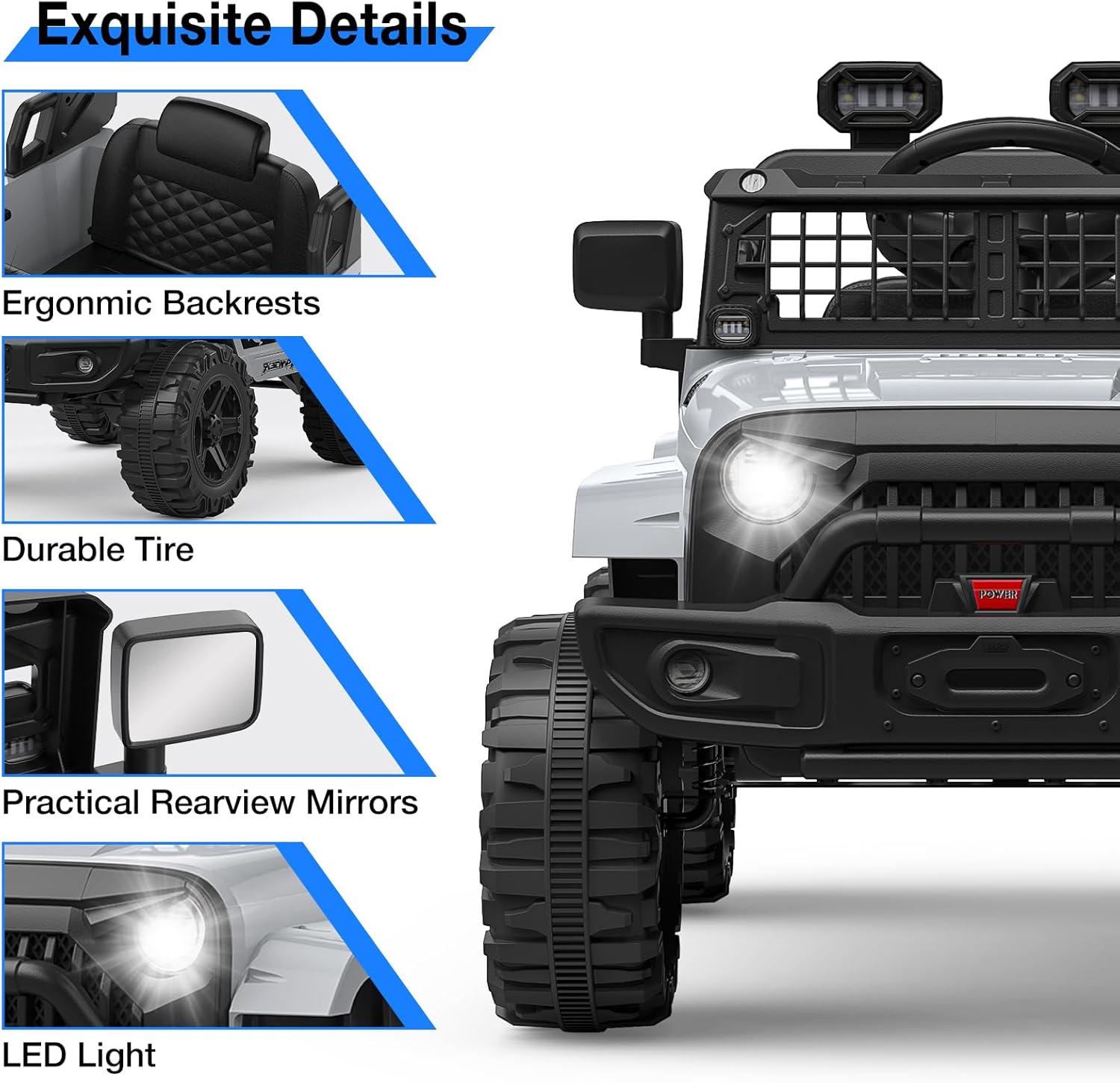 Ride on Truck Car 12V Kids Electric Vehicles with Remote Control Spring Suspension, LED Lights, Bluetooth, 2 Speeds