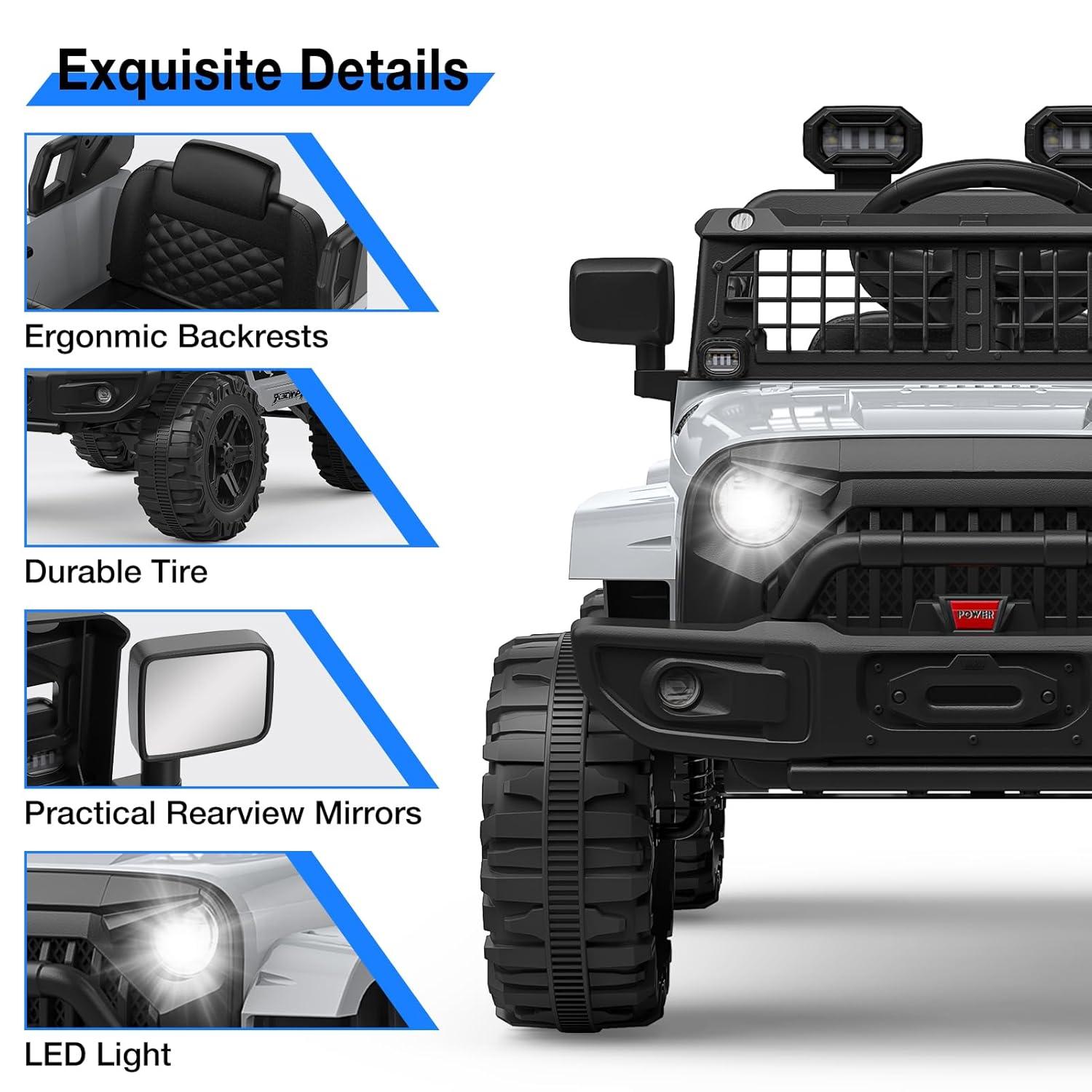 Ride on Truck Car 12V Kids Electric Vehicles with Remote Control Spring Suspension, LED Lights, Bluetooth, 2 Speeds