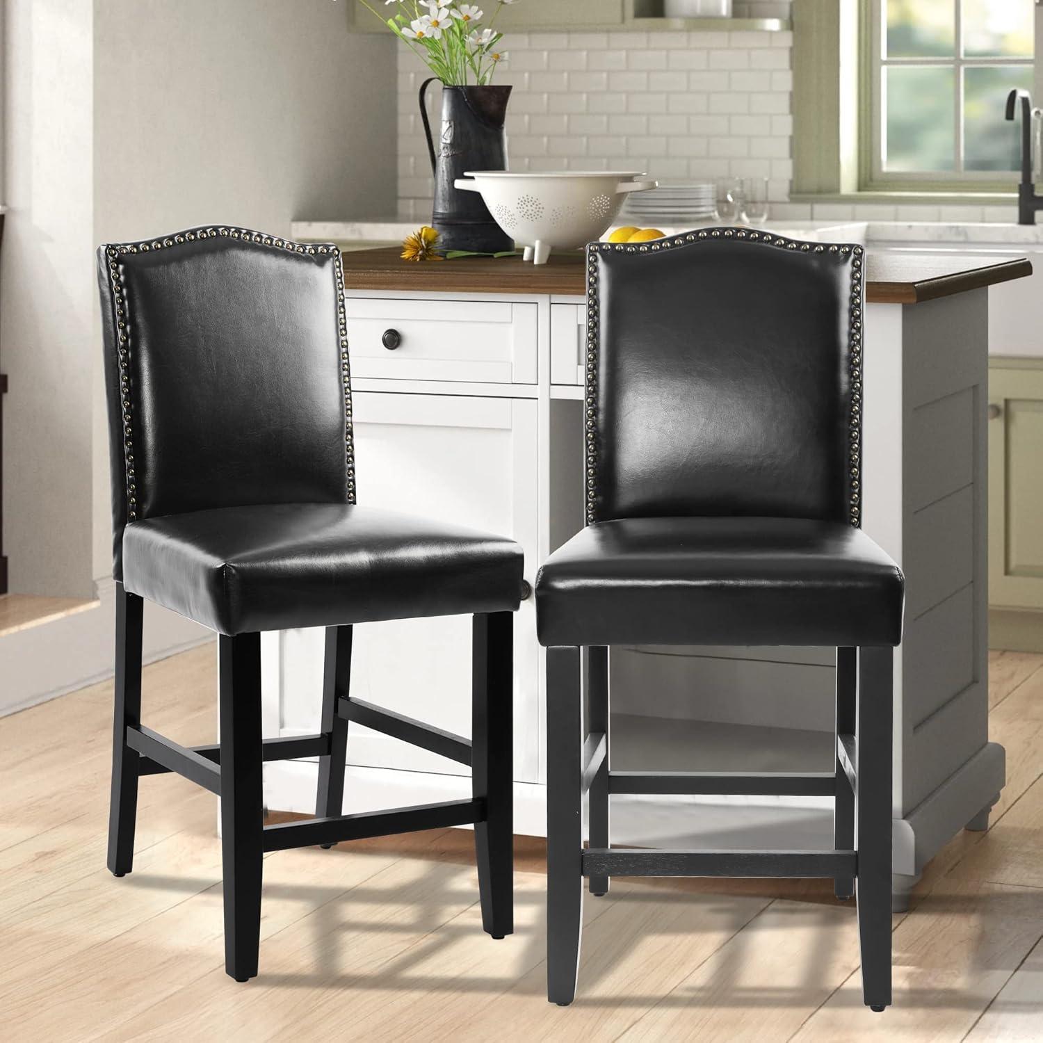 Black Faux Leather and Wood Counter Height Stools, Set of 2