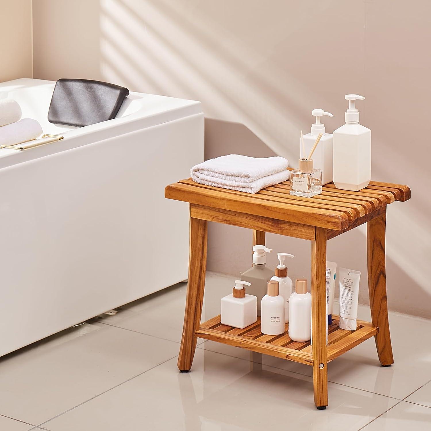 Teak Wood Shower Bench with Storage Shelf and Non-Slip Pads