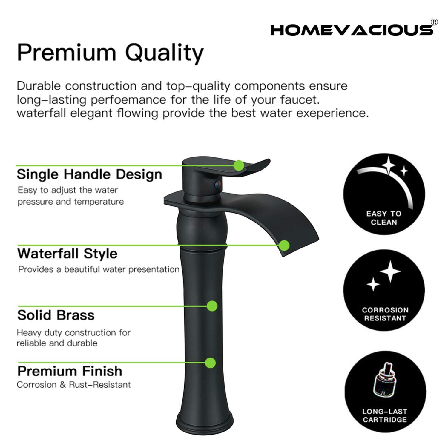 Homevacious Bathroom Vessel Sink Faucet Waterfall,Matte Black Bathroom Faucet Single Handle,Single Hole Bowl Vanity Sink Faucet,with Pop Up Drain and Supply Lines,Commercial Lavatory Mixer Tap