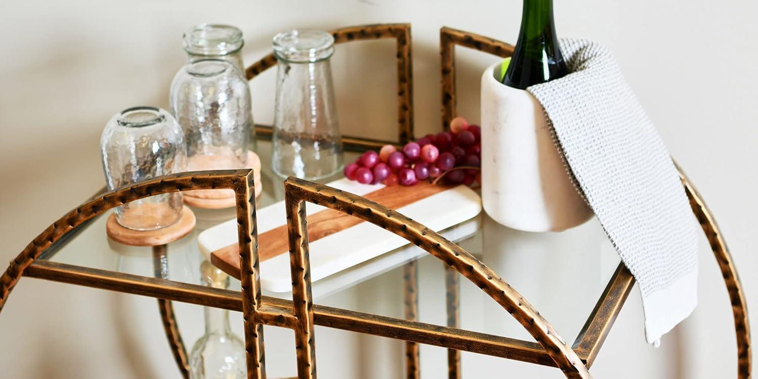 Ember Interiors Modern Round Hammered Brass Bar Cart with Wheels