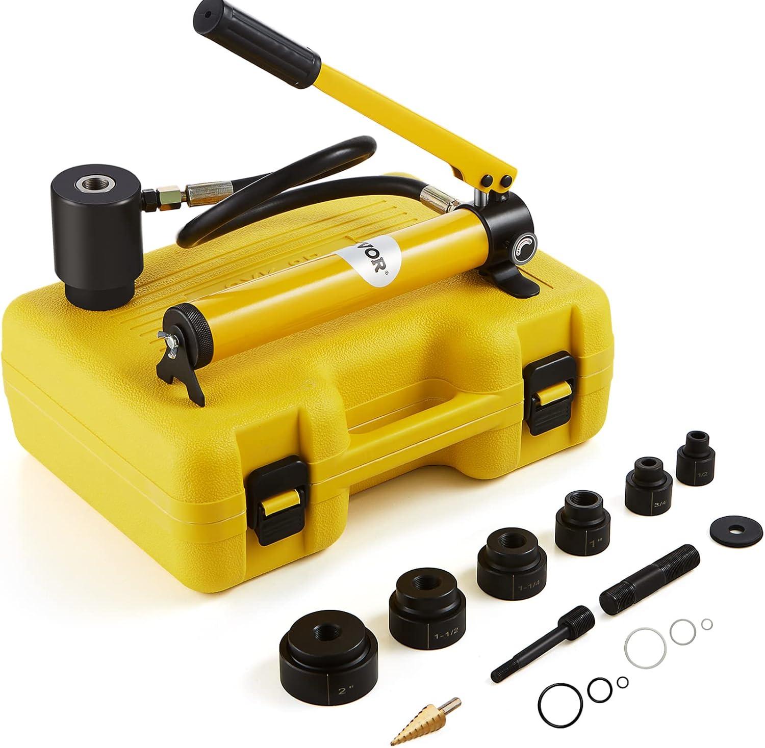 VEVOR Hydraulic Knockout Punch Kit, 10 Ton 1/2" to 2" Conduit Hole Cutter Set, KO Tool Kits with Puncher 6 Piece, Metal Sheet Driver Tools, Yellow