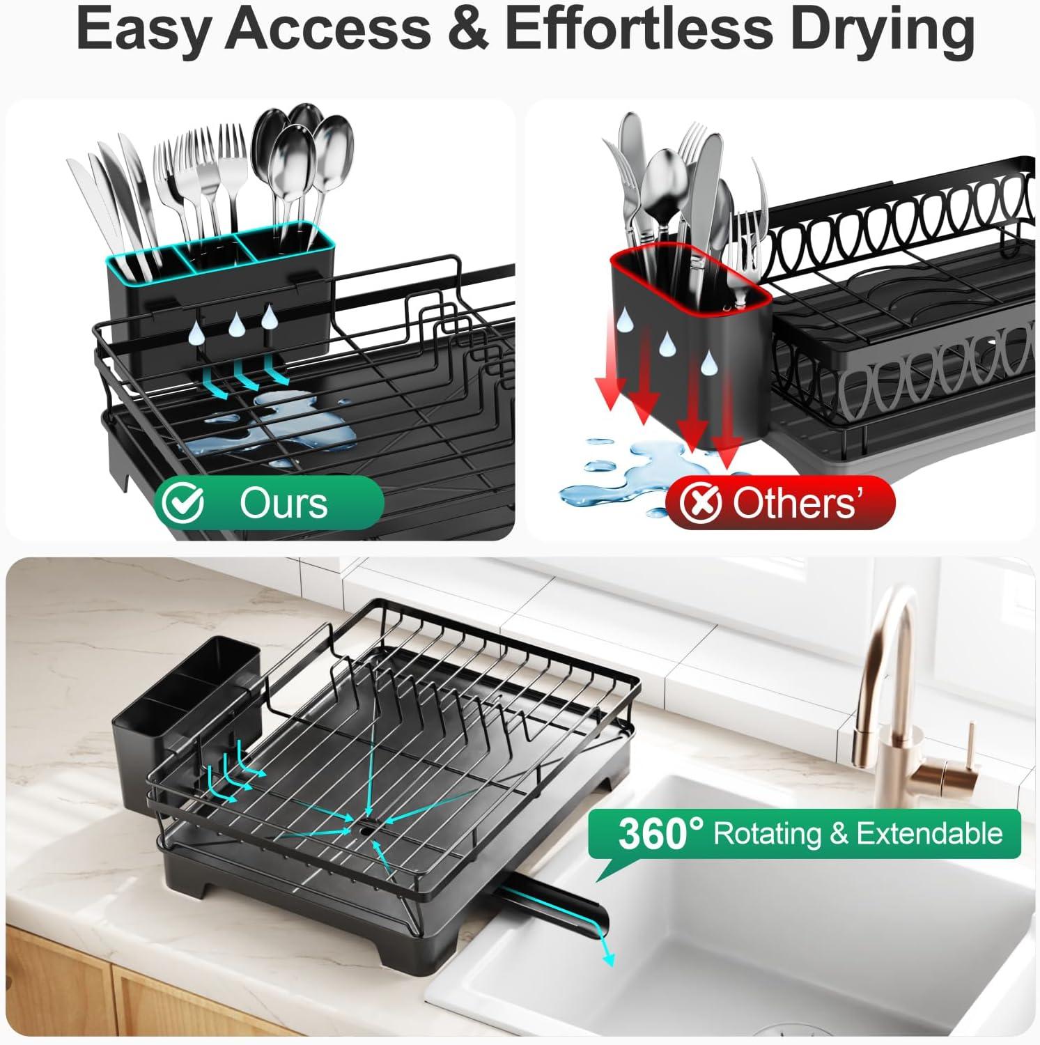 Dish Drying Rack - Expandable Dish Rack for Kitchen Counter, Stainless Steel Dish Drainer with Drainboard Set and Utensil Holder, Sink Drying Dish Strainer Rack (Black)