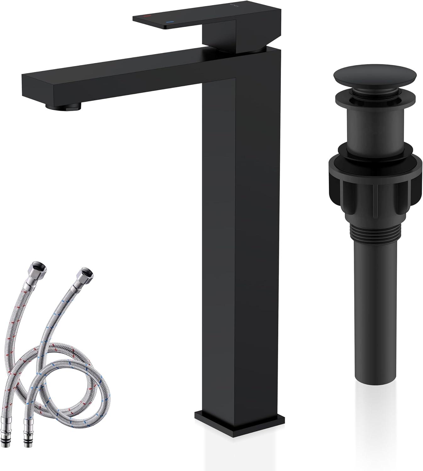 Tall Matte Black Stainless Steel Bathroom Faucet with Pop-Up Drain