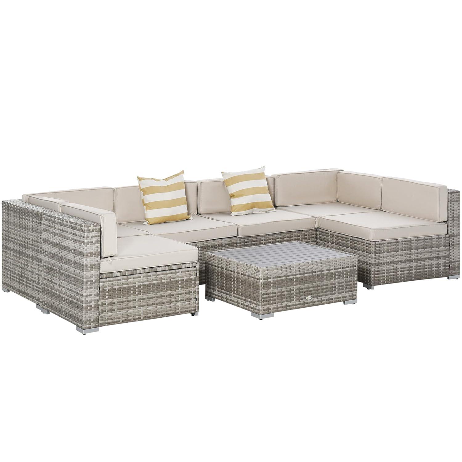 Outsunny 7-Piece Patio Furniture Set, Outdoor Wicker Conversation Set, All Weather PE Rattan Sectional Sofa w/ Faux Wood Table, Stripe Pillows, Gray