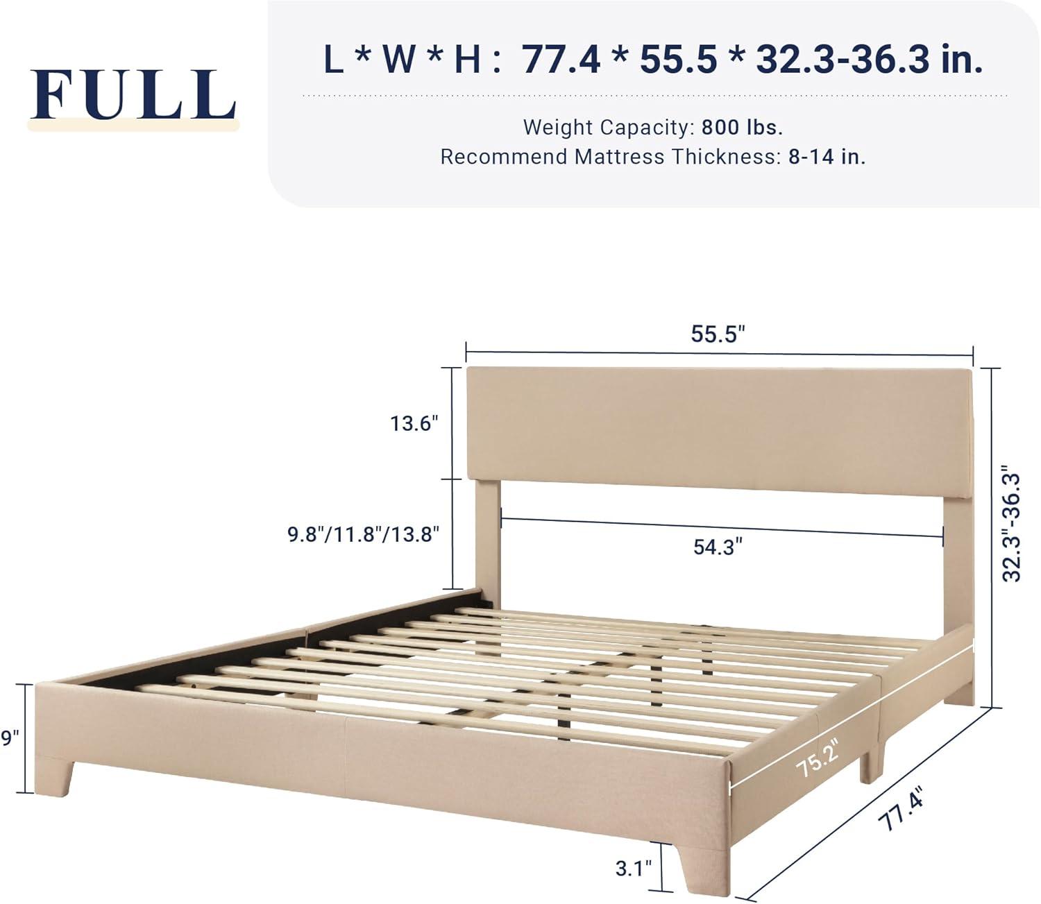 Killeryuki Full Size Bed Frame with Adjustable Headboard, Upholstered Platform Bed with Wood Slats, Heavy Duty Mattress Foundation, No Box Spring Needed, Noise-Killeryuki, Easy Assembly, Beige