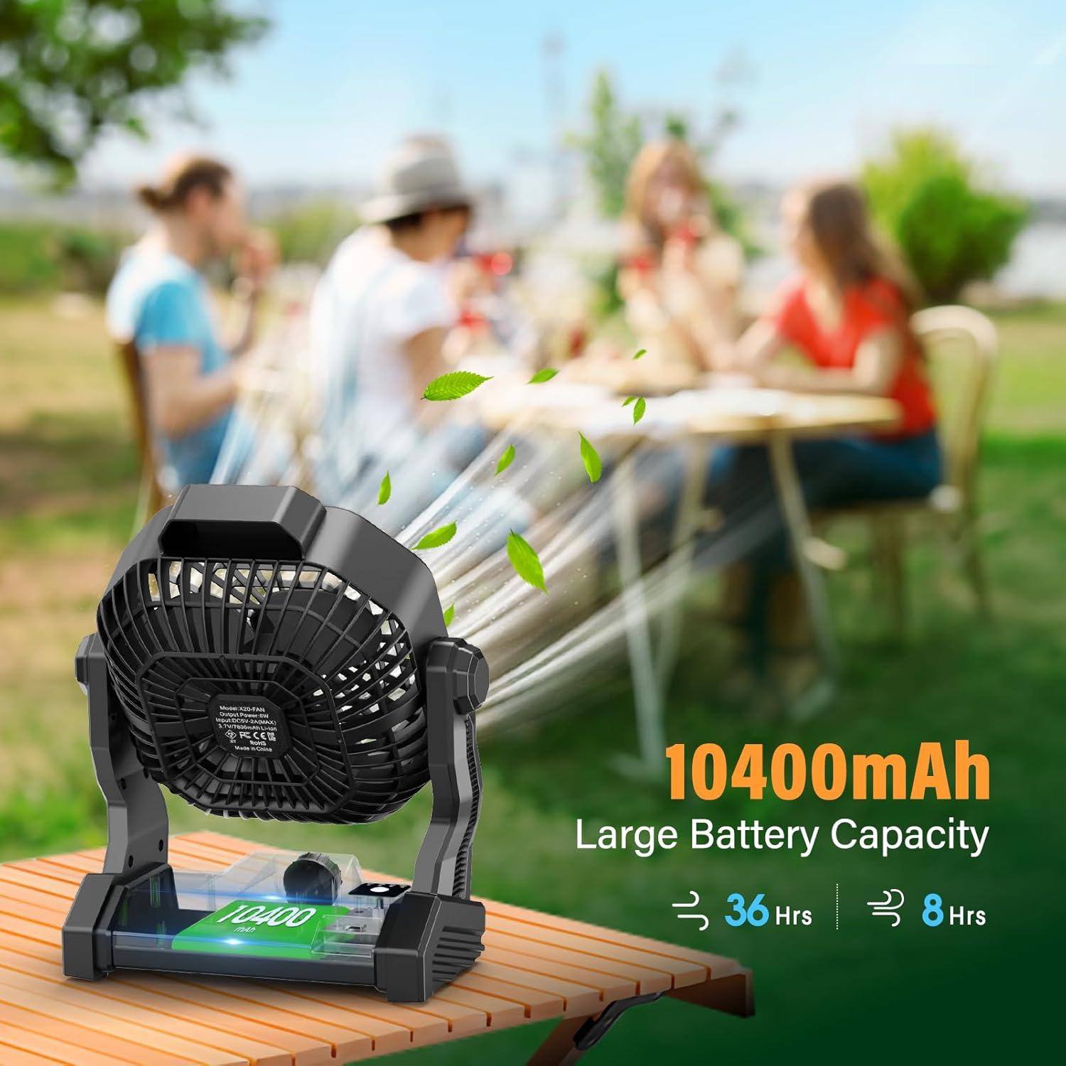 Black Portable Solar-Powered Desk Fan with LED Light