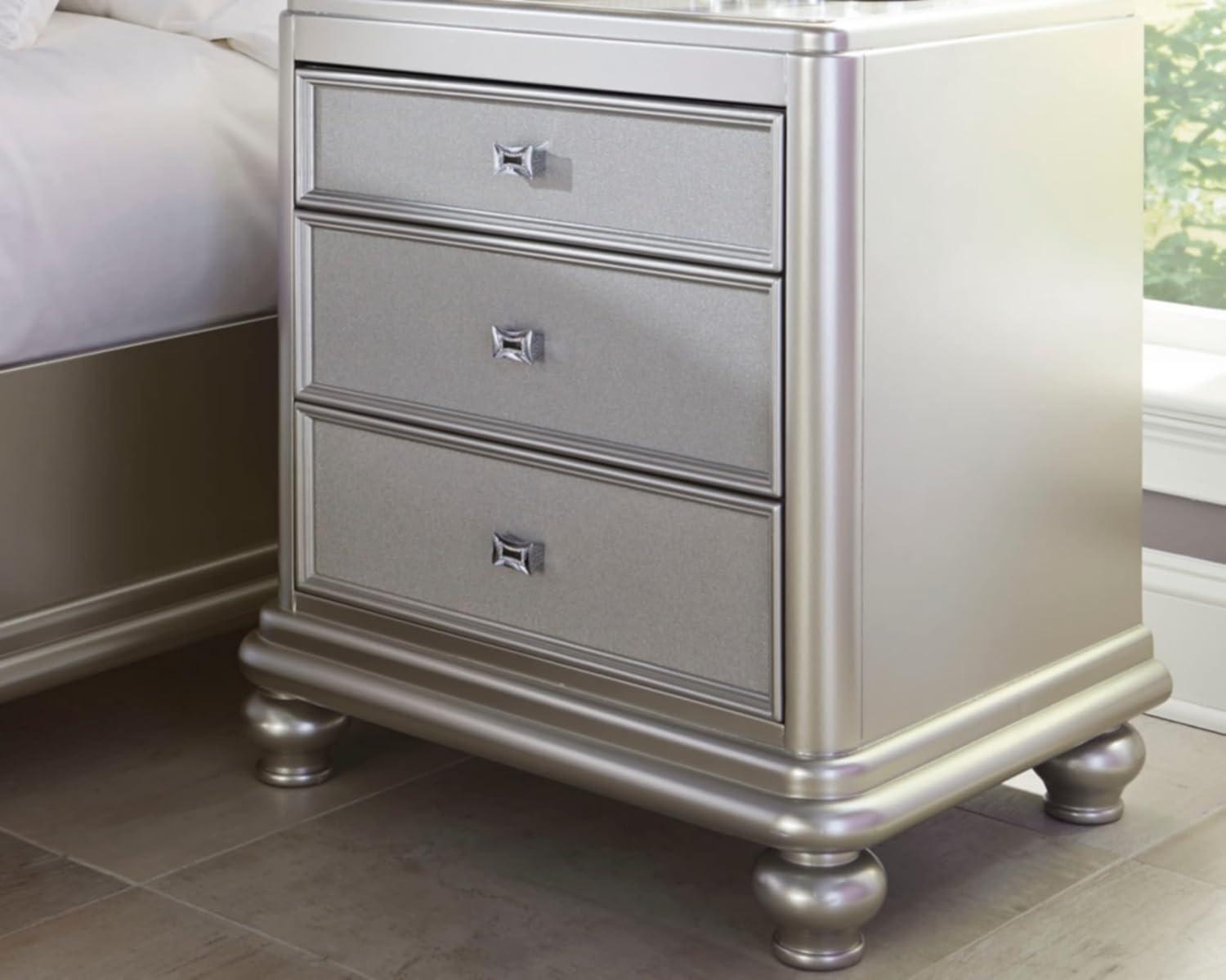 Signature Design By Ashley Coralayne Glam 3 Drawer Nightstand With Faux Shagreen Drawer Fronts, Silver