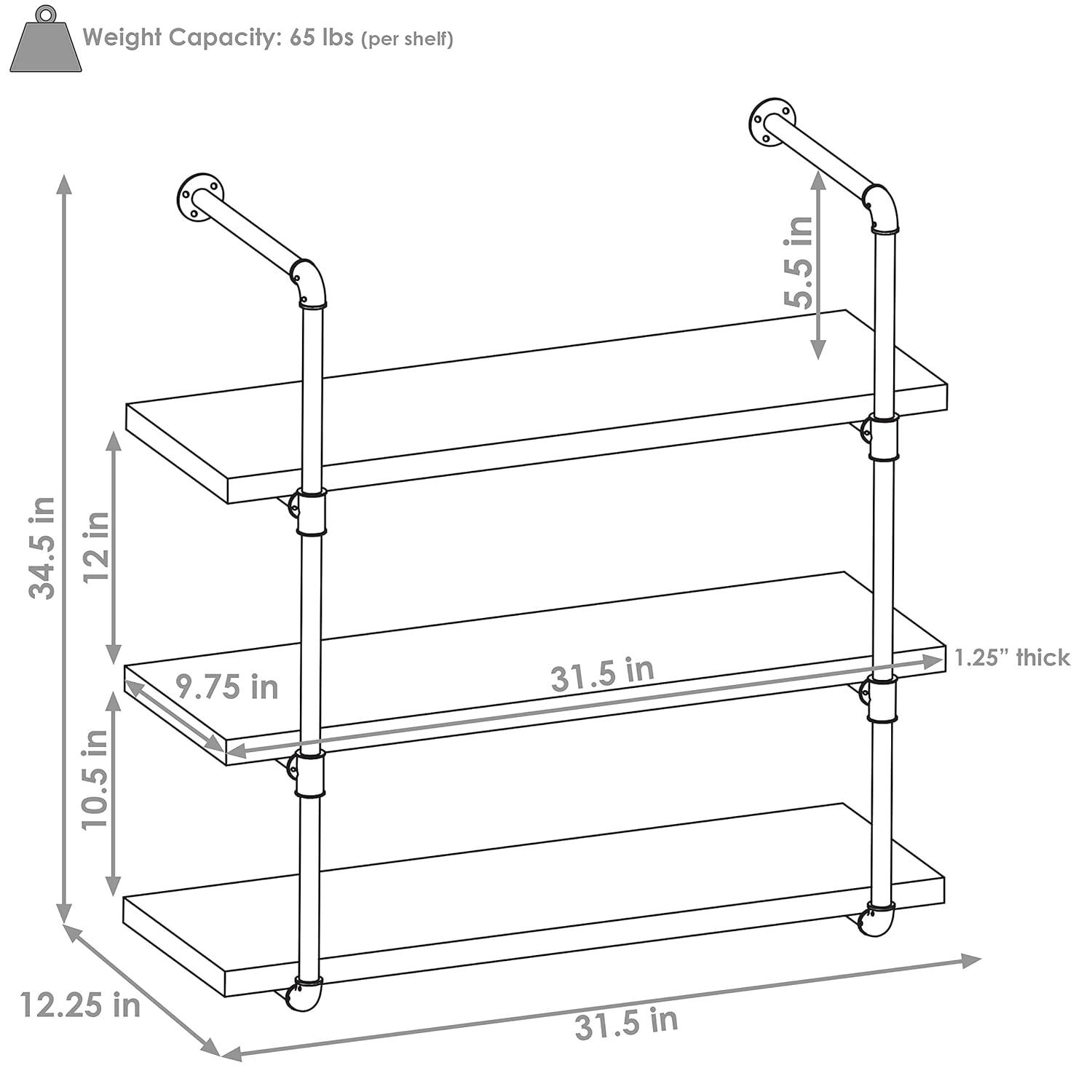 Sunnydaze 3 Shelf Industrial Style Pipe Frame Wall-Mounted Floating Shelf with Wood Veneer Shelves