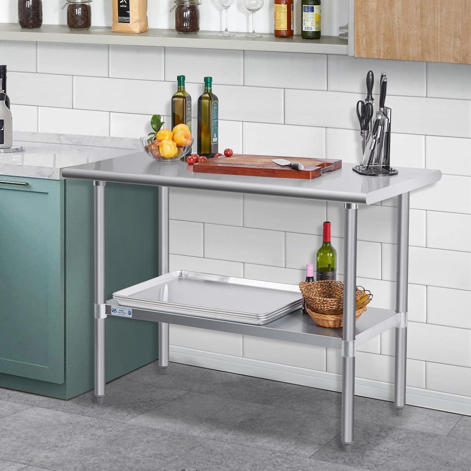 HARDURA Stainless Steel Prep & Work Table 30 x 48 Inches NSF Heavy Duty Commercial with Undershelf and Backsplash, Galvanized Legs for Commercial Food Prep