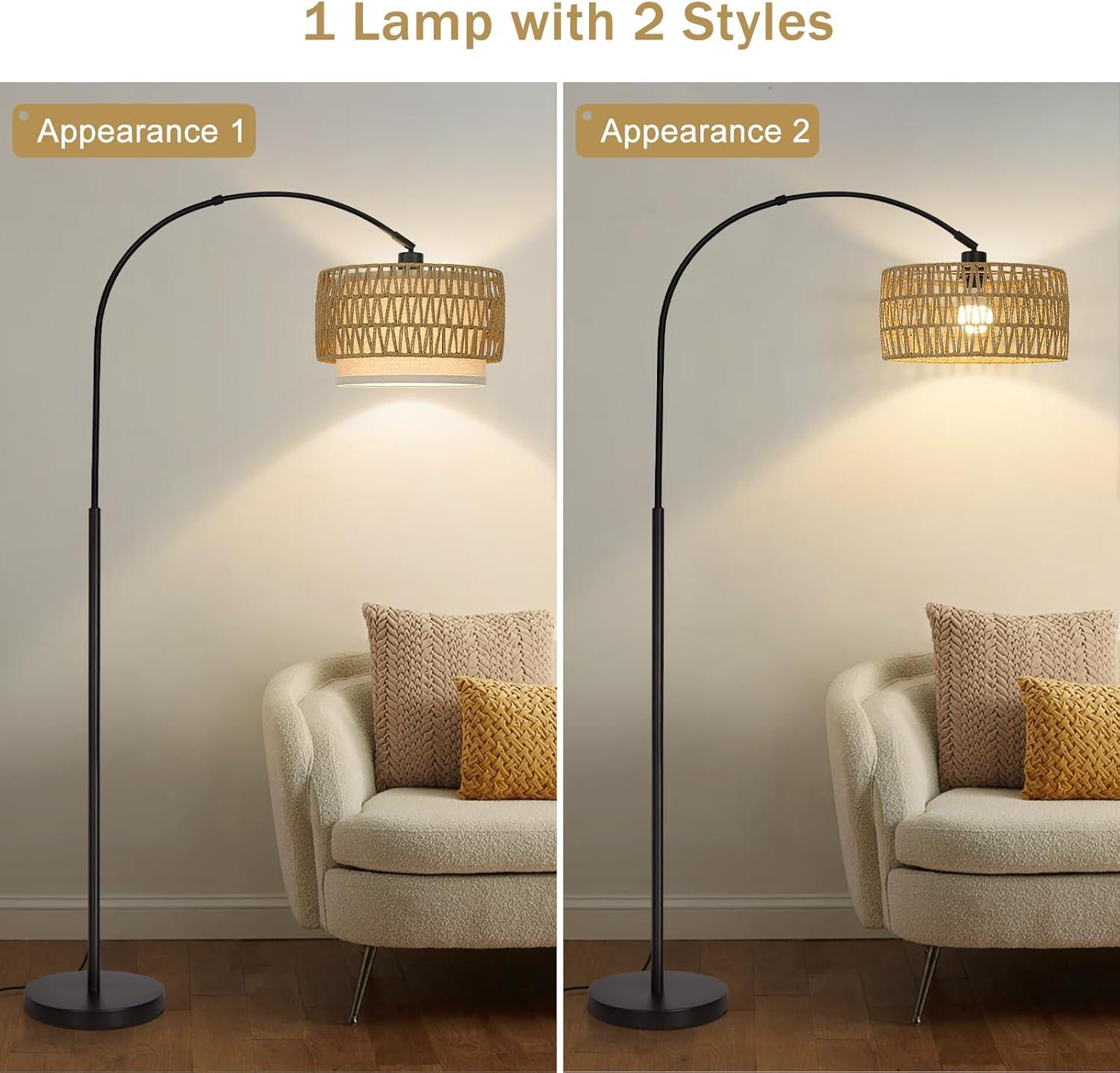 Rattan Floor Lamp, Dimmable Arc Floor Lamps for Living Room, Boho Farmhouse Standing Lamp with Adjustable Head, Tall Pole Lamp Reading Light for Bedroom, Over Couch, Office, 9W LED Bulb Included