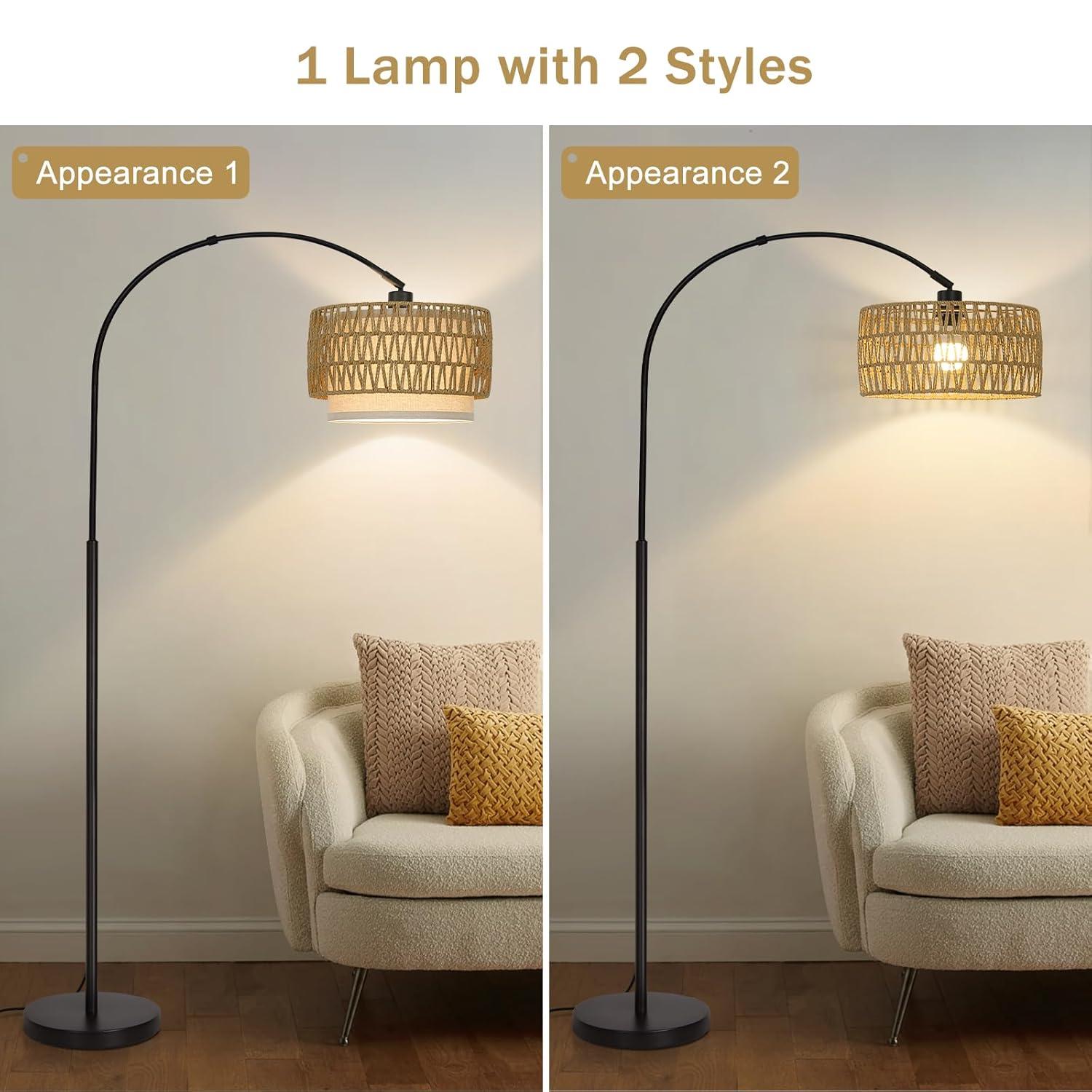 Rattan Floor Lamp, Dimmable Arc Floor Lamps for Living Room, Boho Farmhouse Standing Lamp with Adjustable Head, Tall Pole Lamp Reading Light for Bedroom, Over Couch, Office, 9W LED Bulb Included