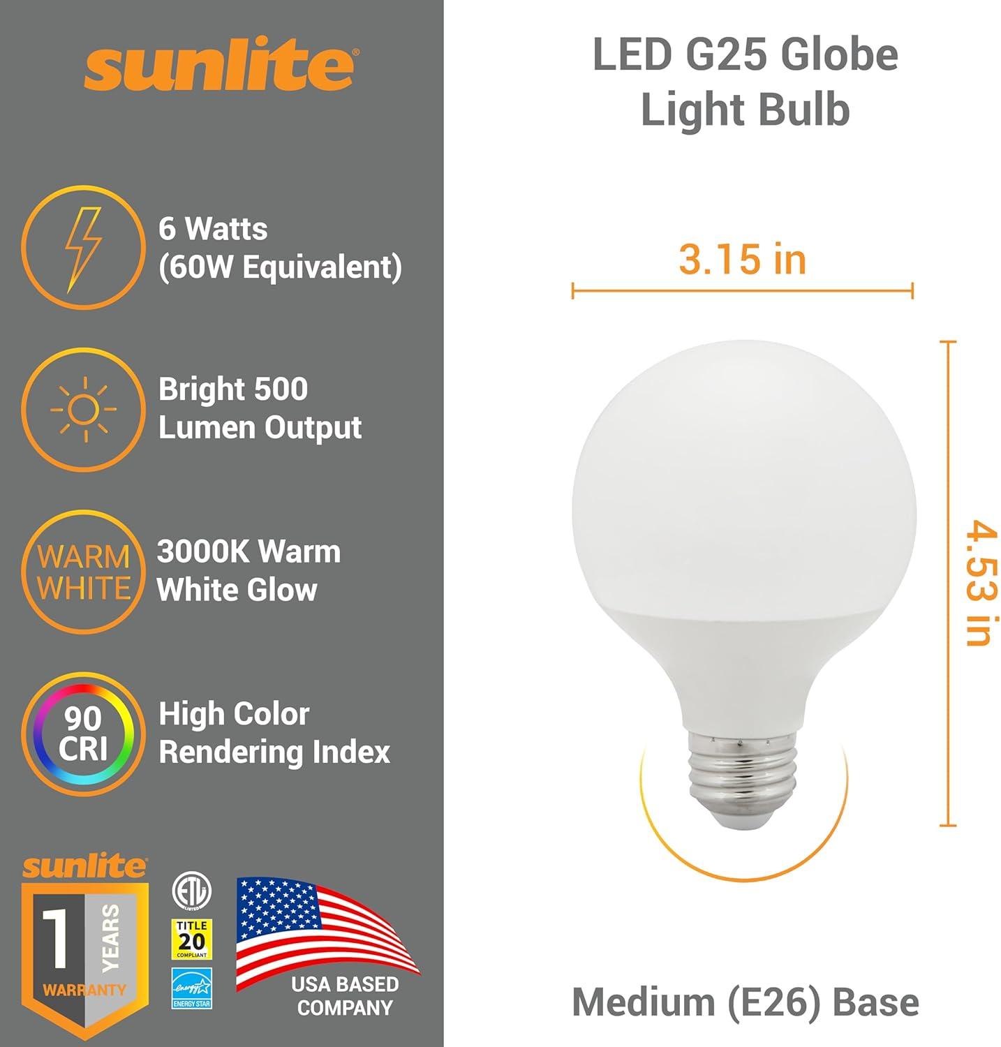 Sunlite LED G25 Globe Light Bulb, 6 Watts (60W Equivalent), Standard E26 Base, 500 Lumens, Dimmable, Frosted, Energy Star, 90 CRI, Title-20 Compliant, ETL Listed, 3000K Warm White, 6 Pack