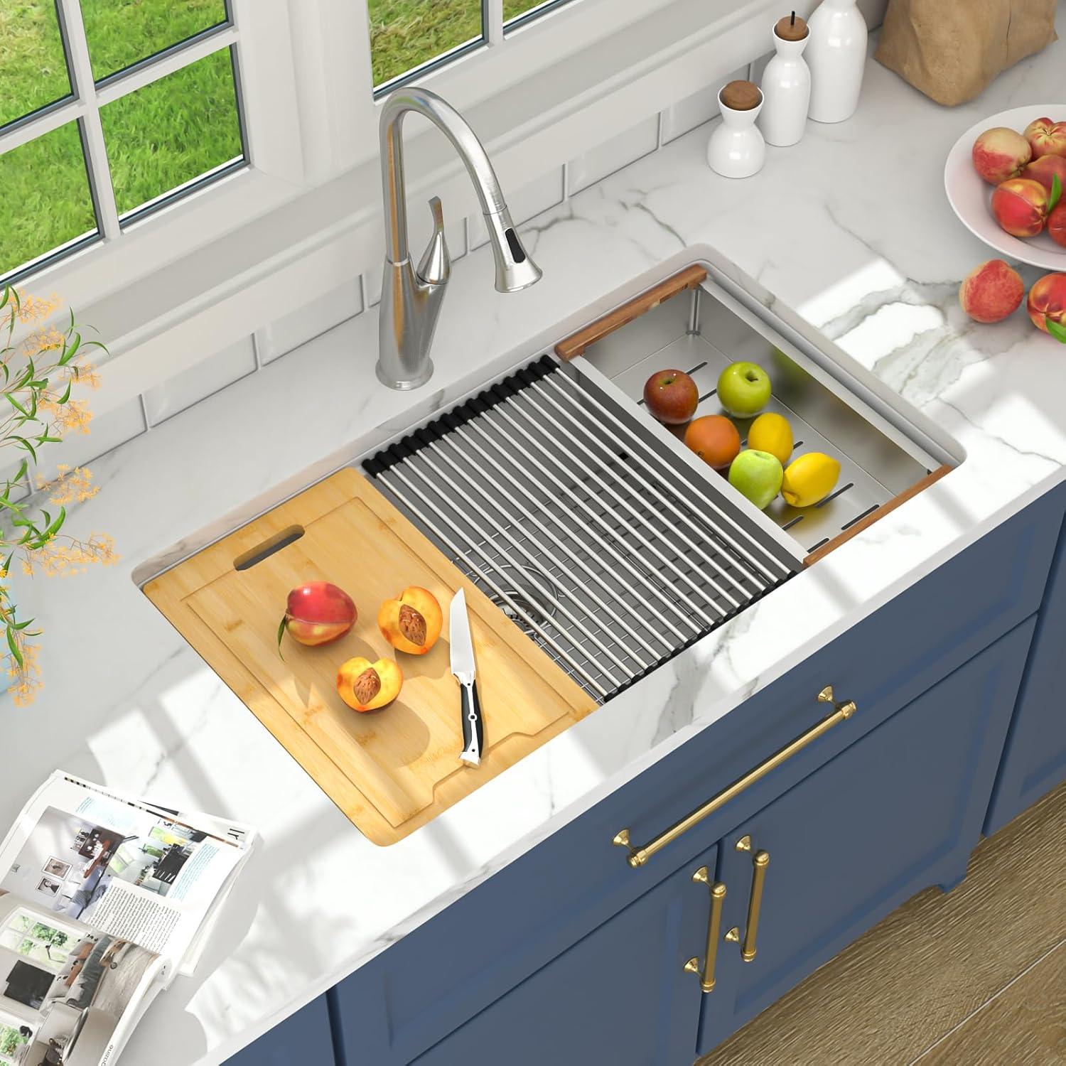 Lordear 33 Inch White Kitchen Sink Undermount Composite Granite Quartz Single Bowl Workstation 33x19x10 Inch Under Counter Kitchen Sinks