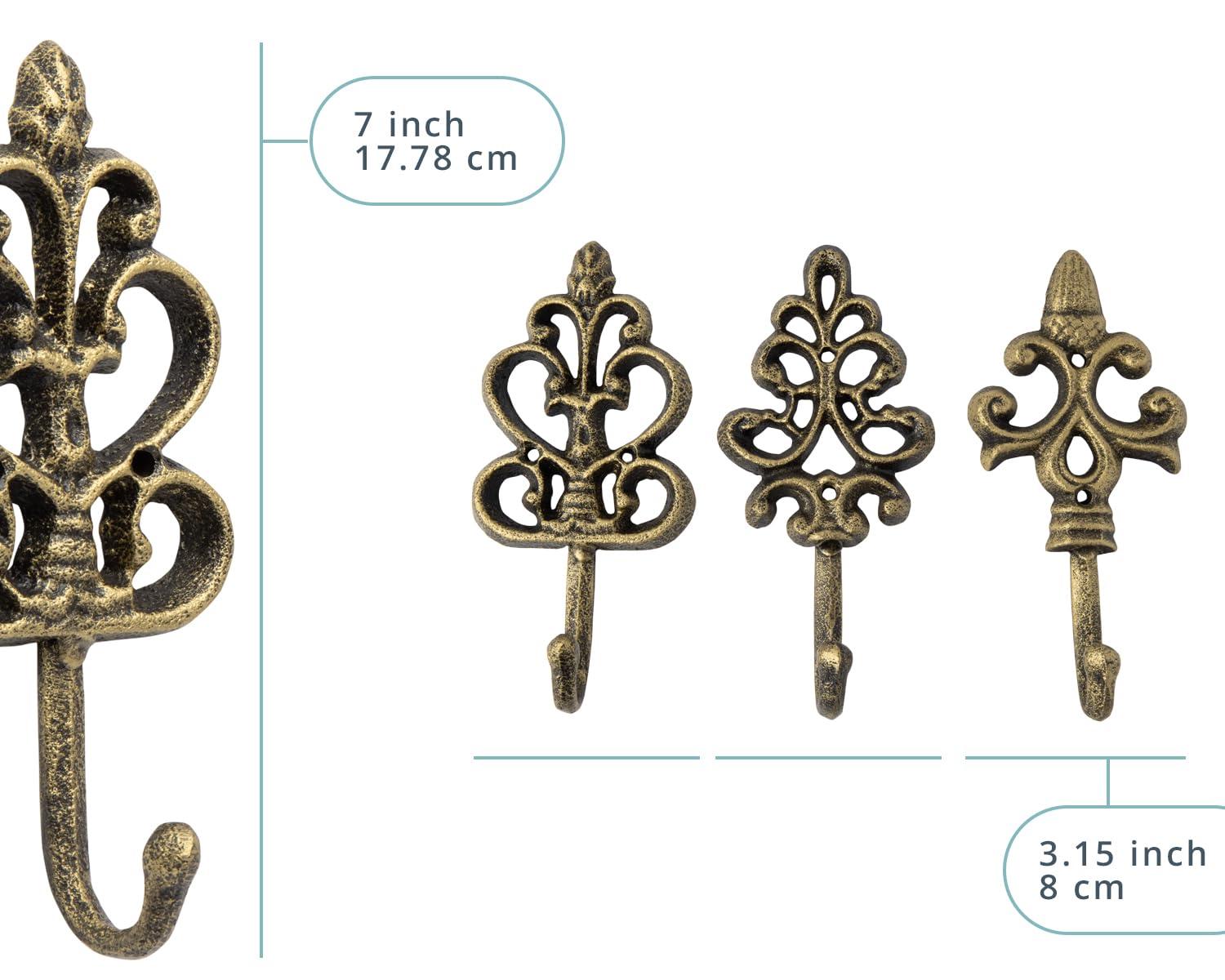 Set of 3 Gold and Black Cast Iron Decorative Wall Hooks