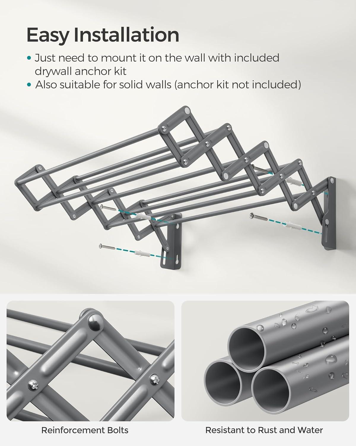 SONGMICS Clothes Drying Rack, Wall-Mounted Drying Rack Clothing, Small Accordion Laundry Rack, 9 Staggered Hanging Rods, Expandable and Retractable, Cloud White ULLR802W01