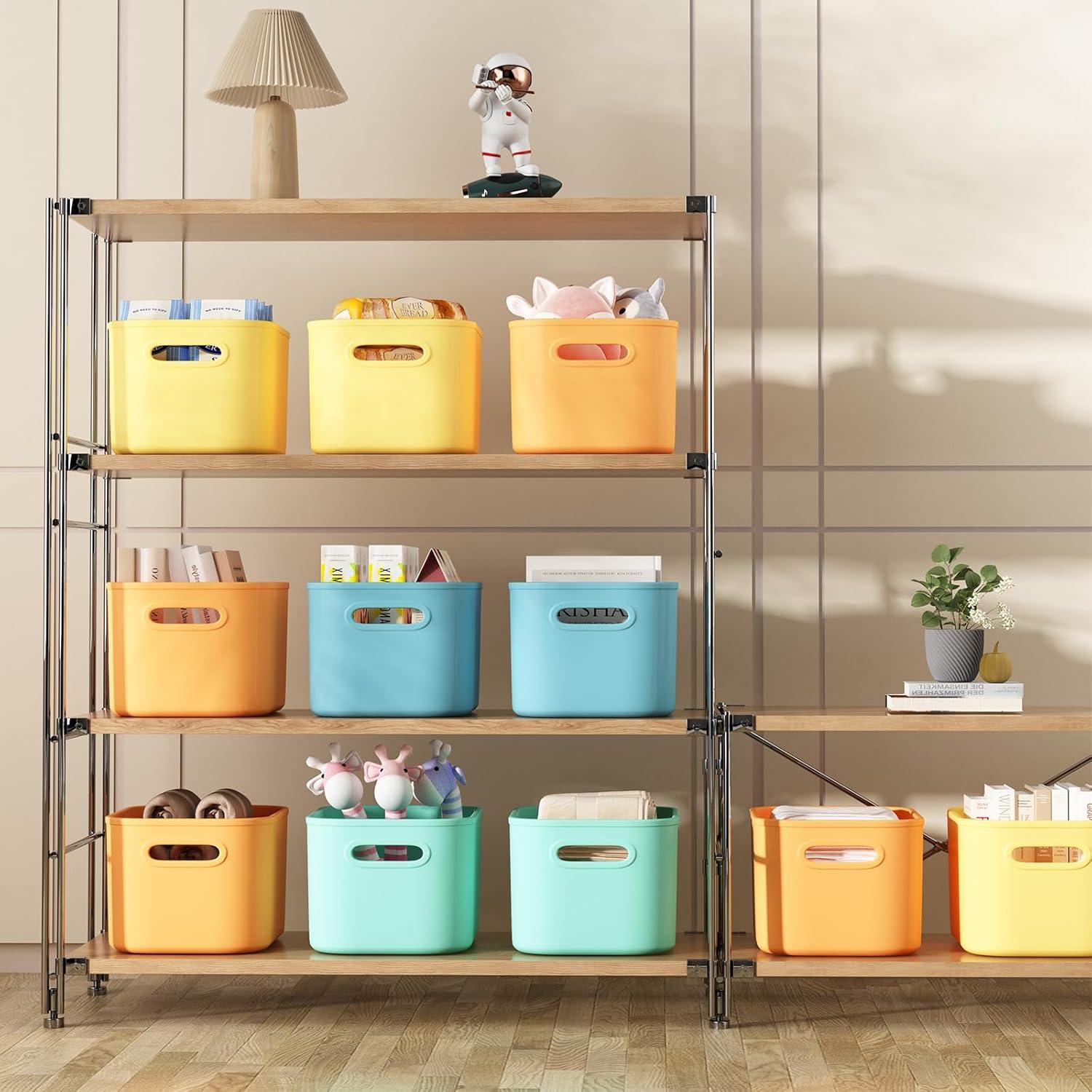 8 Pieces Colorful Storage Bins with Lid and Handle, Plastic Stackable Baskets Desktop Cube Box Cubby Bins Containers for Shelf Cabinet Bedroom Office (Multi-colored,14.2 x 10.2 x 9.5 Inch)