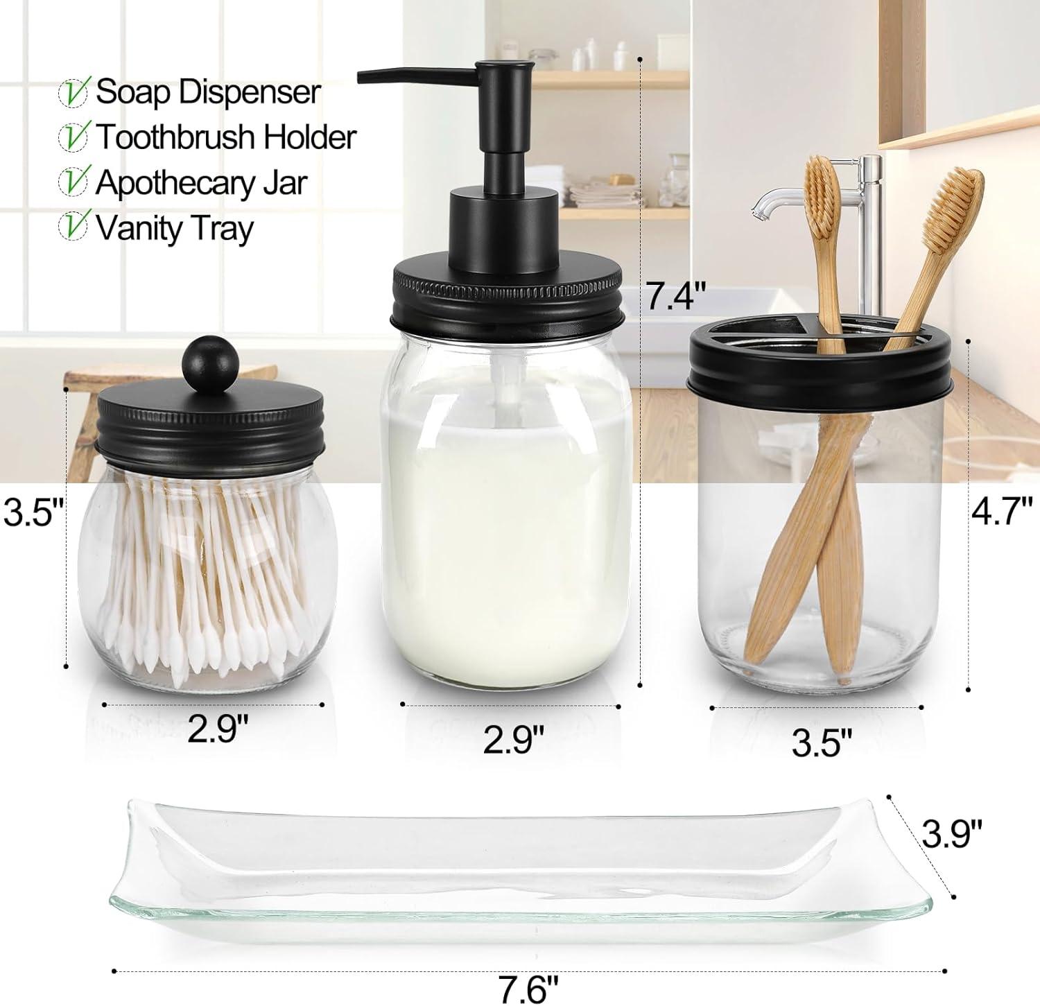 Okuna Outpost 4 Piece Glass Bathroom Accessories Set with Soap Dispenser, Toothbrush Holder, Apothecary Mason Jar